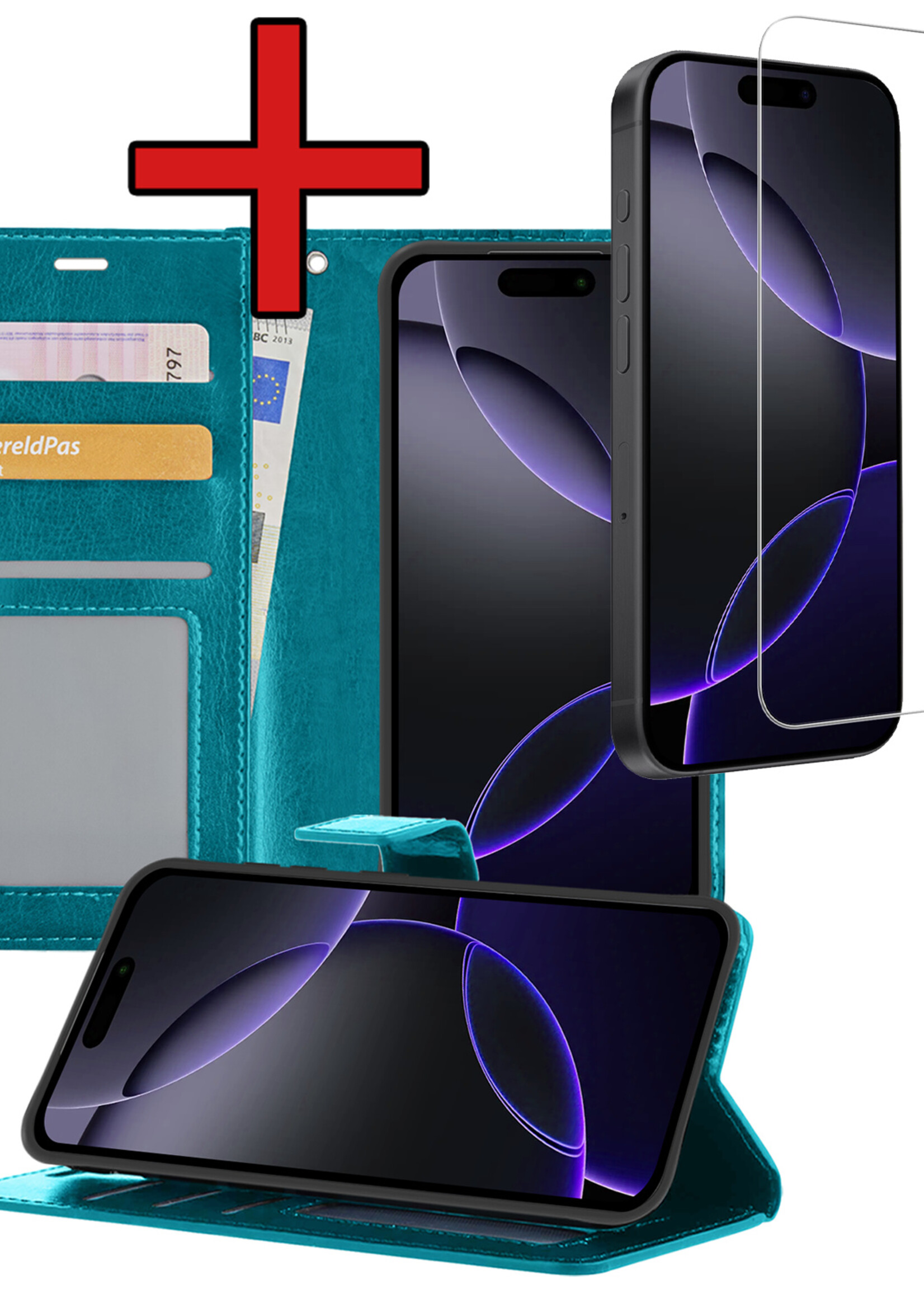 BTH Hoesje Geschikt voor iPhone 16 Pro Max Hoesje Book Case Hoes Portemonnee Cover Walletcase Met Screenprotector - Hoes Geschikt voor iPhone 16 Pro Max Hoes Bookcase Hoesje - Turquoise