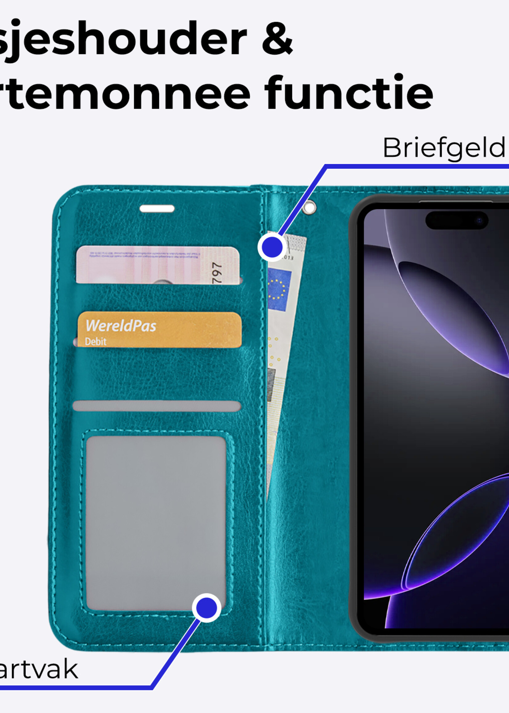 BTH Hoesje Geschikt voor iPhone 16 Pro Max Hoesje Book Case Hoes Portemonnee Cover Walletcase Met Screenprotector - Hoes Geschikt voor iPhone 16 Pro Max Hoes Bookcase Hoesje - Turquoise