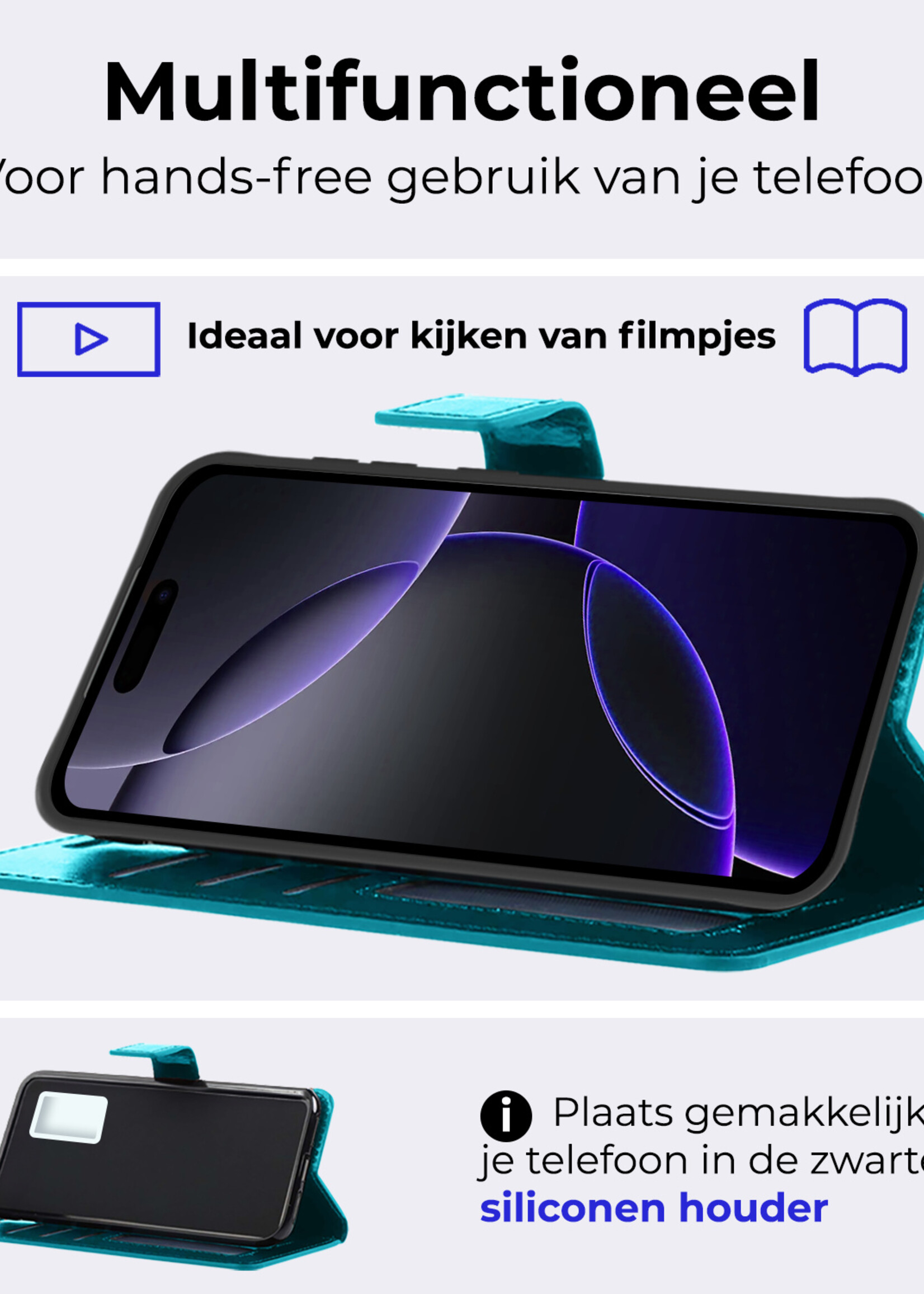 BTH Hoesje Geschikt voor iPhone 16 Pro Max Hoesje Book Case Hoes Portemonnee Cover Walletcase Met Screenprotector - Hoes Geschikt voor iPhone 16 Pro Max Hoes Bookcase Hoesje - Turquoise