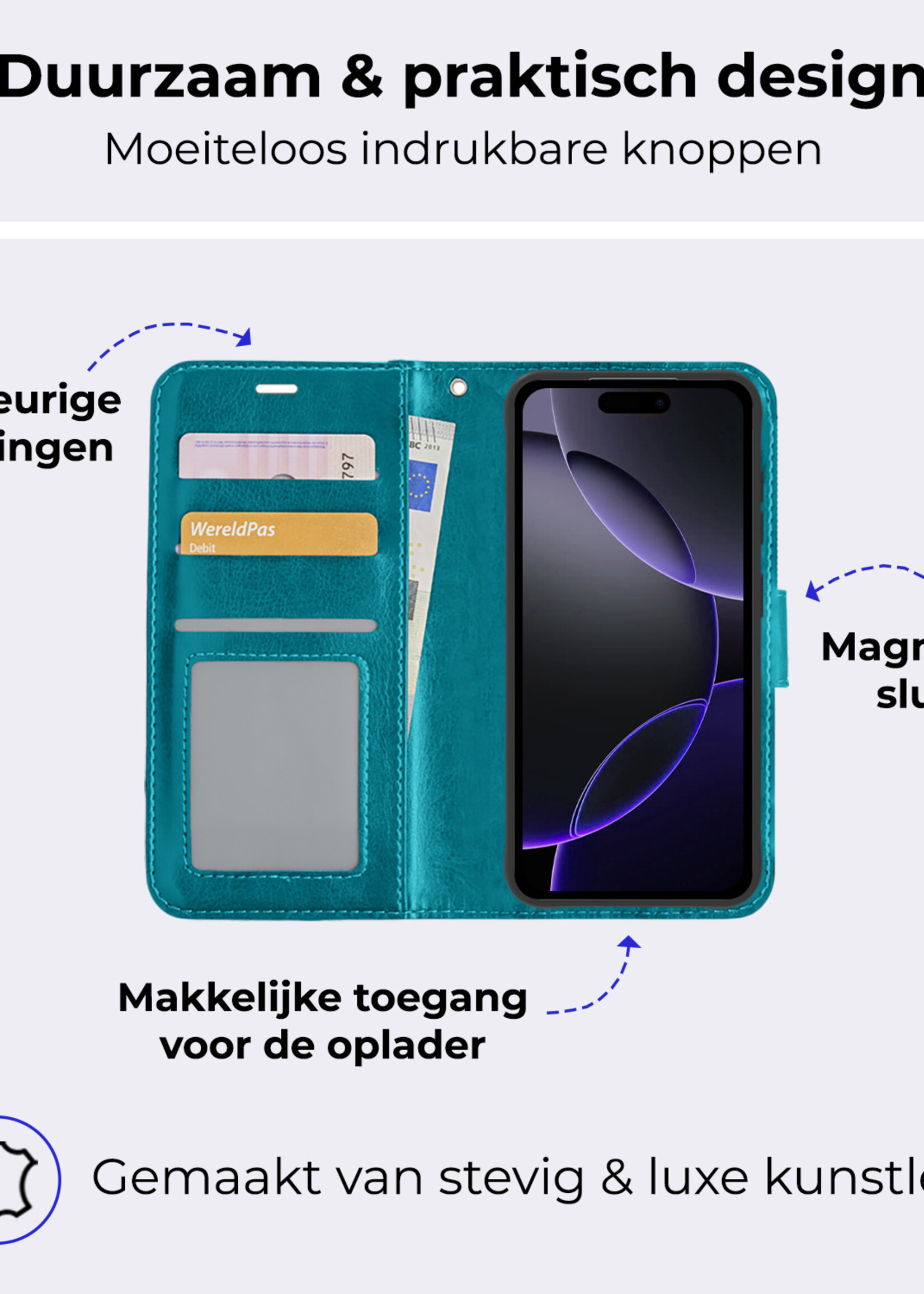 BTH Hoesje Geschikt voor iPhone 16 Pro Max Hoesje Book Case Hoes Portemonnee Cover Walletcase Met Screenprotector - Hoes Geschikt voor iPhone 16 Pro Max Hoes Bookcase Hoesje - Turquoise