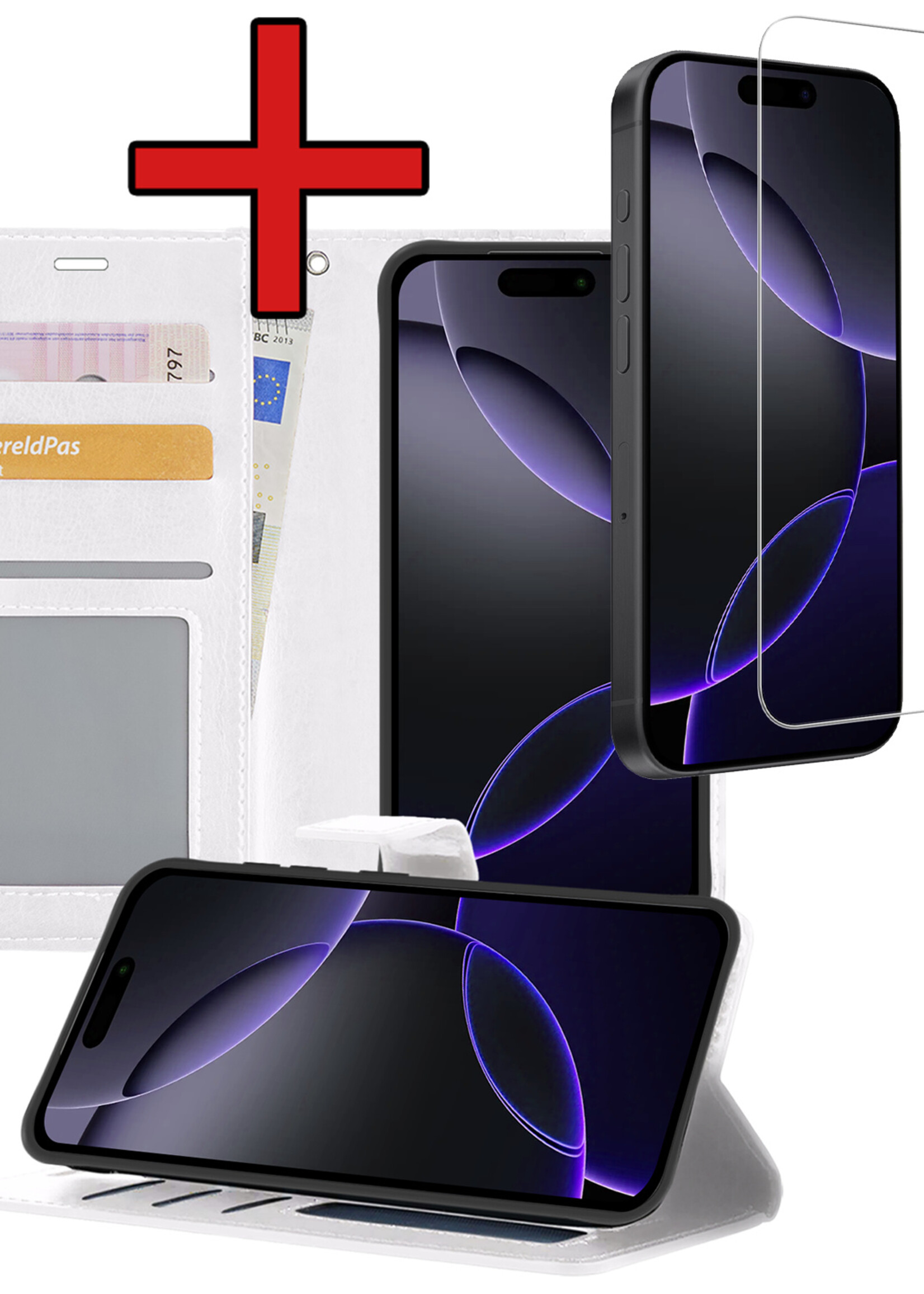 BTH Hoesje Geschikt voor iPhone 16 Pro Max Hoesje Book Case Hoes Portemonnee Cover Walletcase Met Screenprotector - Hoes Geschikt voor iPhone 16 Pro Max Hoes Bookcase Hoesje - Wit