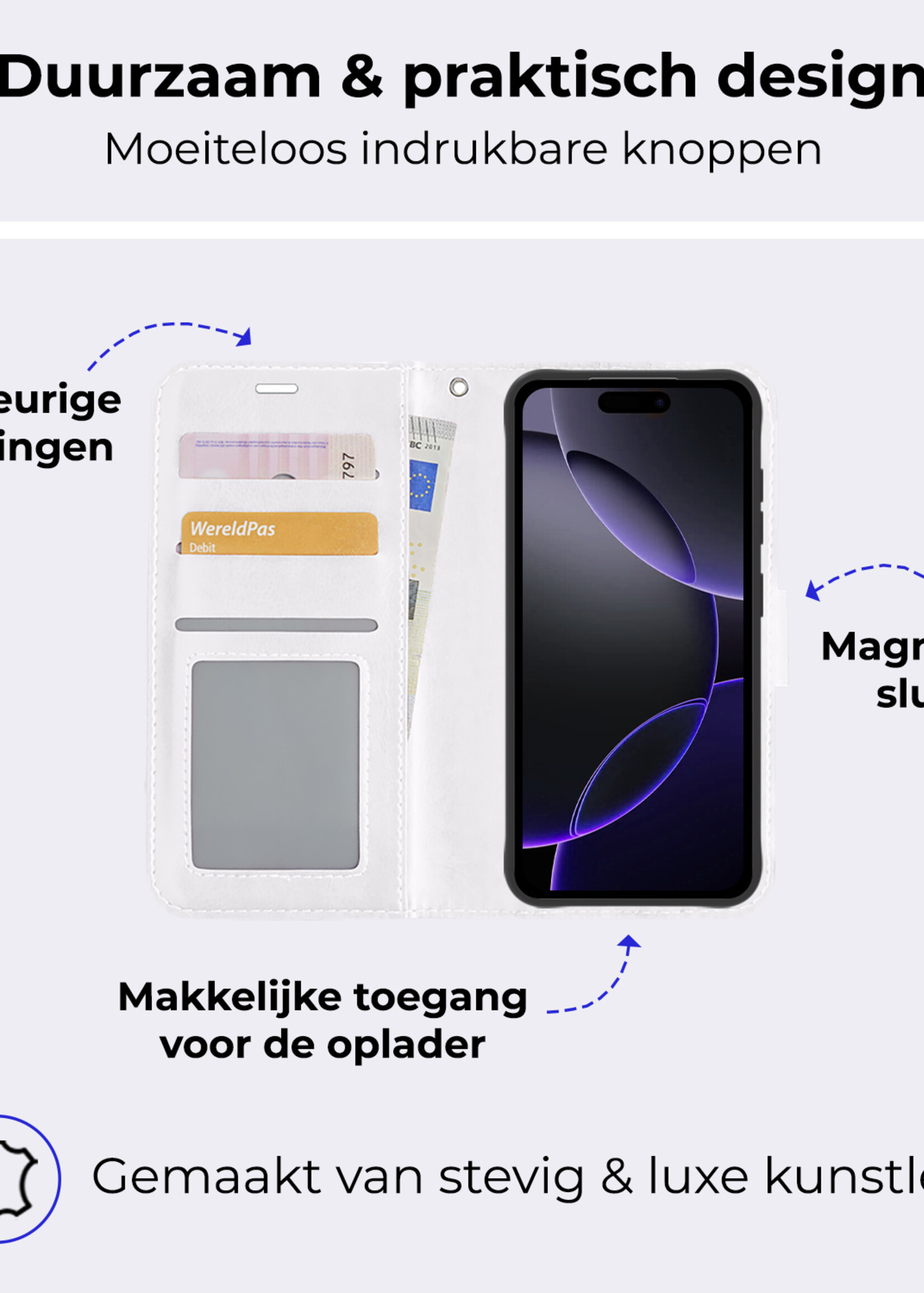 BTH Hoesje Geschikt voor iPhone 16 Pro Max Hoesje Book Case Hoes Portemonnee Cover Walletcase Met Screenprotector - Hoes Geschikt voor iPhone 16 Pro Max Hoes Bookcase Hoesje - Wit