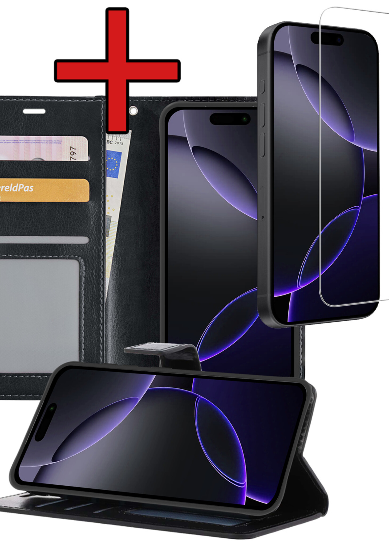 BTH Hoesje Geschikt voor iPhone 16 Pro Max Hoesje Book Case Hoes Portemonnee Cover Walletcase Met Screenprotector - Hoes Geschikt voor iPhone 16 Pro Max Hoes Bookcase Hoesje - Zwart