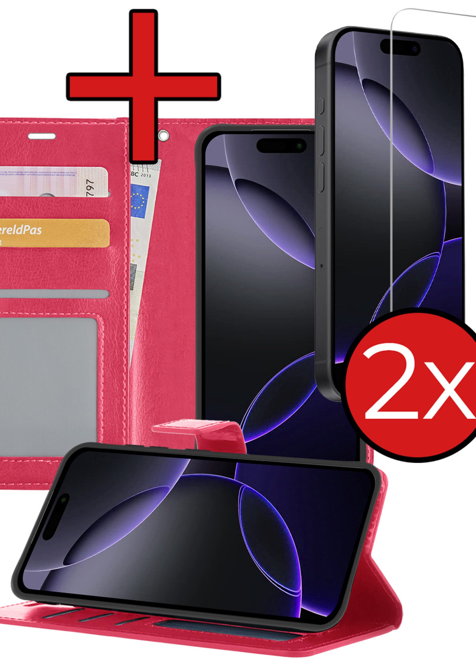 BTH Hoesje Geschikt voor iPhone 16 Pro Max Hoesje Book Case Hoes Portemonnee Cover Walletcase Met 2x Screenprotector - Hoes Geschikt voor iPhone 16 Pro Max Hoes Bookcase Hoesje - Donkerroze