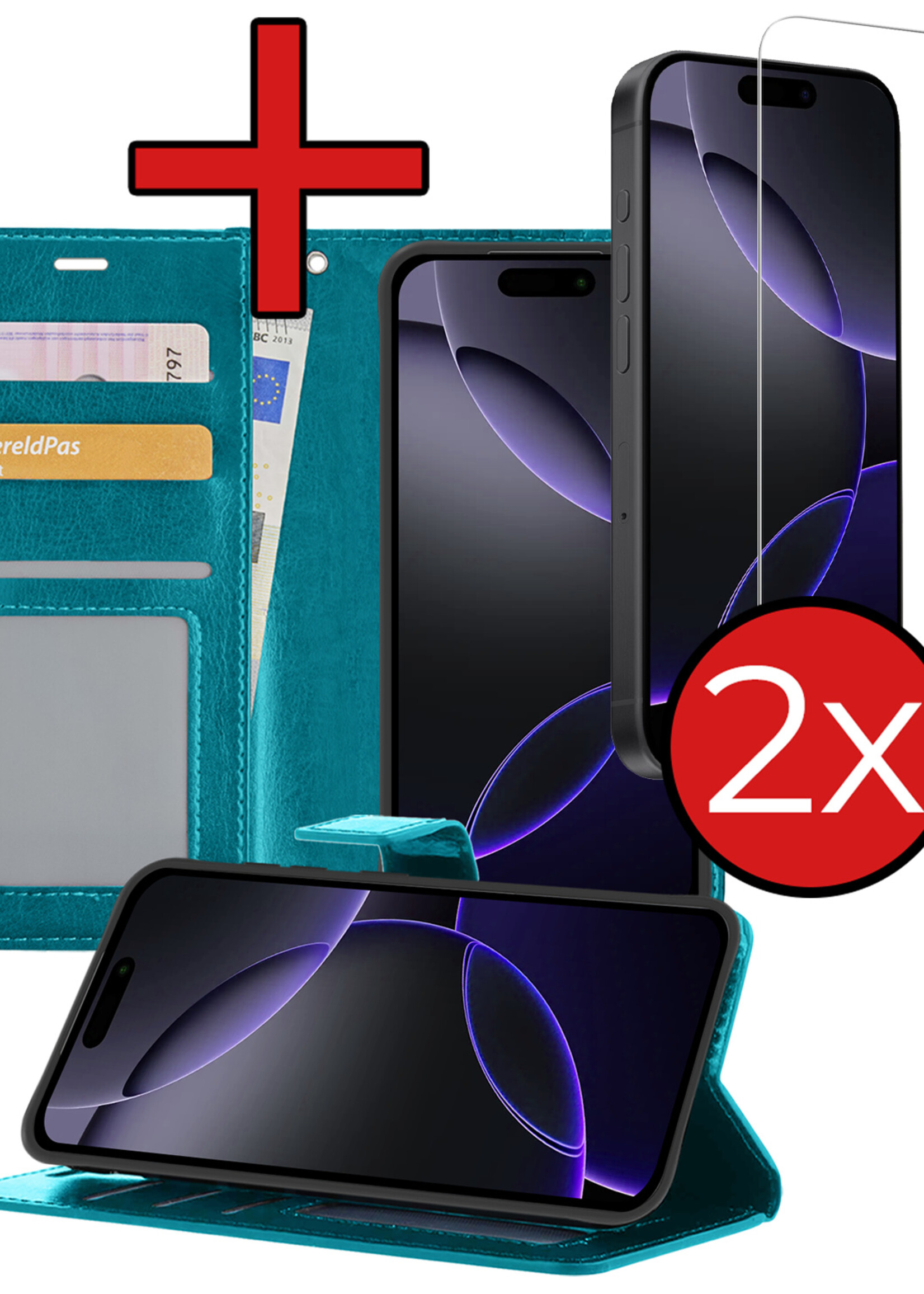 BTH Hoesje Geschikt voor iPhone 16 Pro Max Hoesje Book Case Hoes Portemonnee Cover Walletcase Met 2x Screenprotector - Hoes Geschikt voor iPhone 16 Pro Max Hoes Bookcase Hoesje - Turquoise