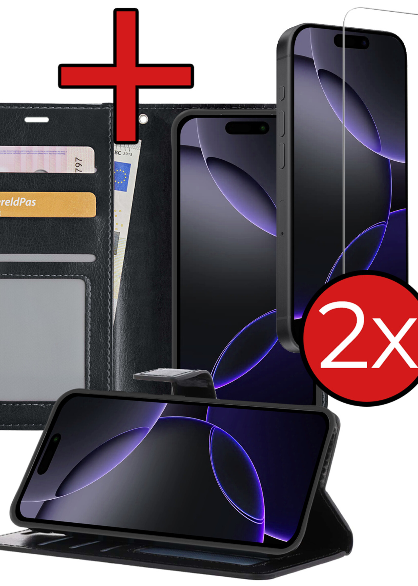BTH Hoesje Geschikt voor iPhone 16 Pro Max Hoesje Book Case Hoes Portemonnee Cover Walletcase Met 2x Screenprotector - Hoes Geschikt voor iPhone 16 Pro Max Hoes Bookcase Hoesje - Zwart