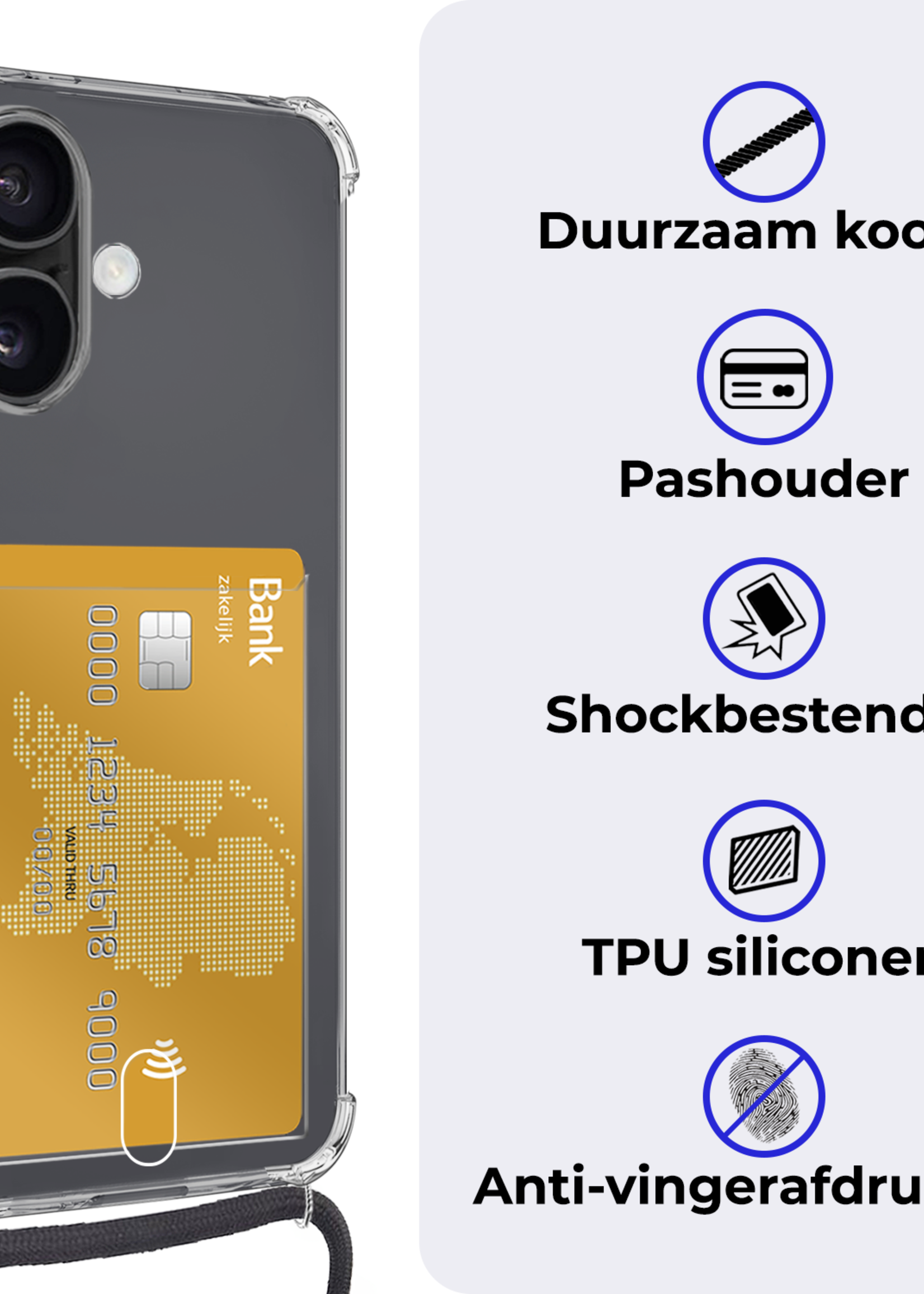 BTH Hoesje Geschikt voor iPhone 16 Hoesje Met Telefoonkoord en Pasjeshouder Siliconen - Hoes Geschikt voor iPhone 16 Hoesje Met Kaarthouder Shock Proof Case - Transparant - 2 PACK