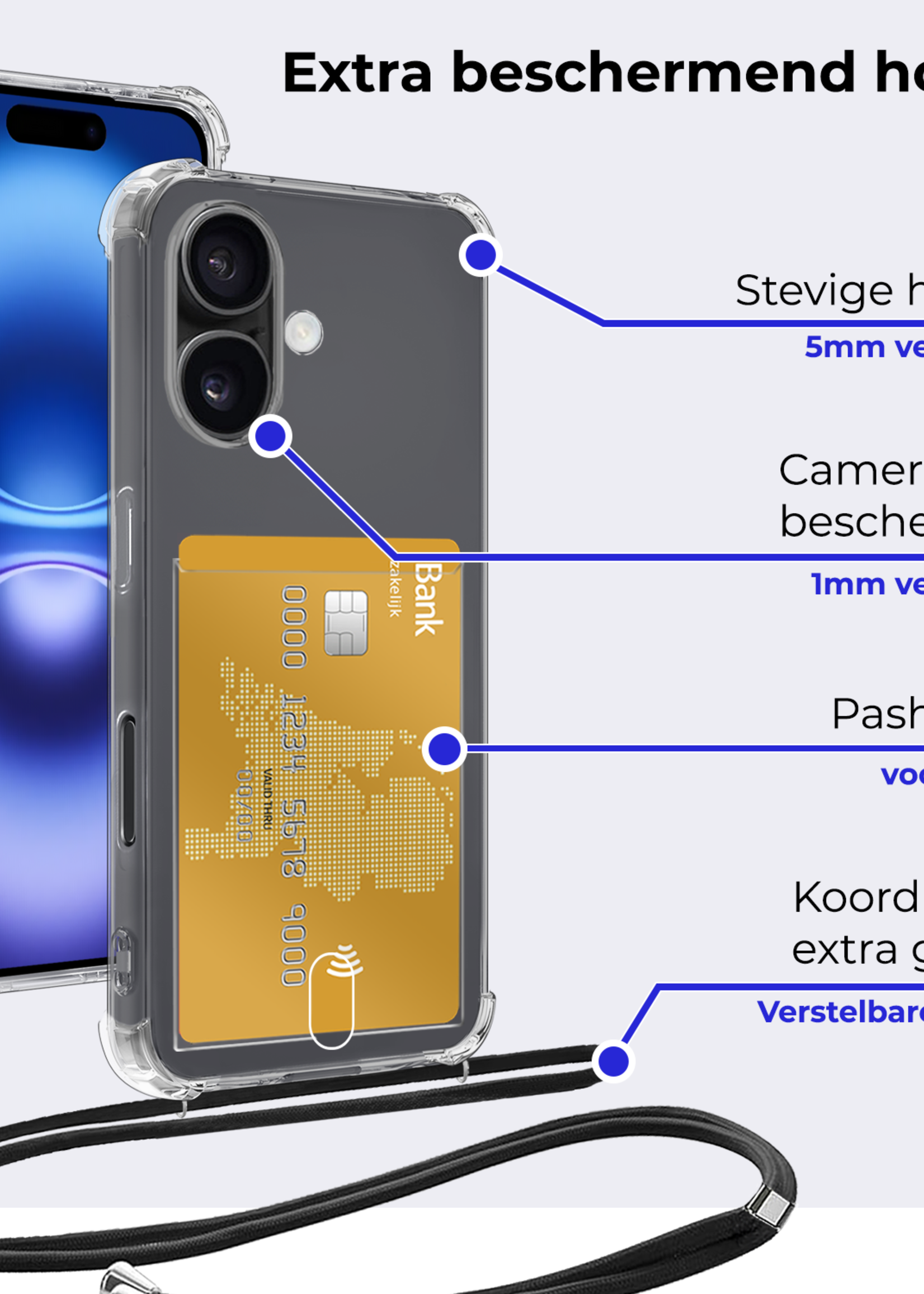 BTH Hoesje Geschikt voor iPhone 16 Hoesje Met Telefoonkoord en Pasjeshouder Siliconen - Hoes Geschikt voor iPhone 16 Hoesje Met Kaarthouder Shock Proof Case - Transparant - 2 PACK