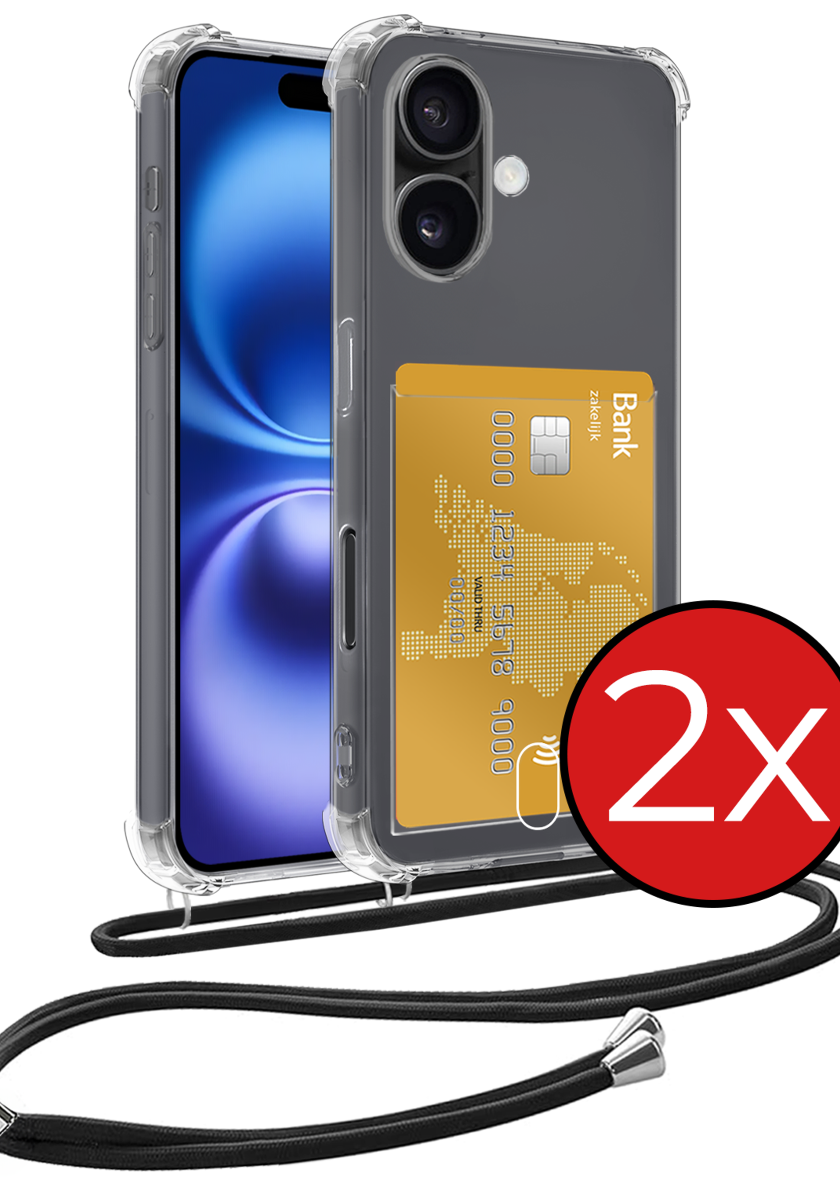 BTH Hoesje Geschikt voor iPhone 16 Plus Hoesje Met Telefoonkoord en Pasjeshouder Siliconen - Hoes Geschikt voor iPhone 16 Plus Hoesje Met Kaarthouder Shock Proof Case - Transparant - 2 PACK