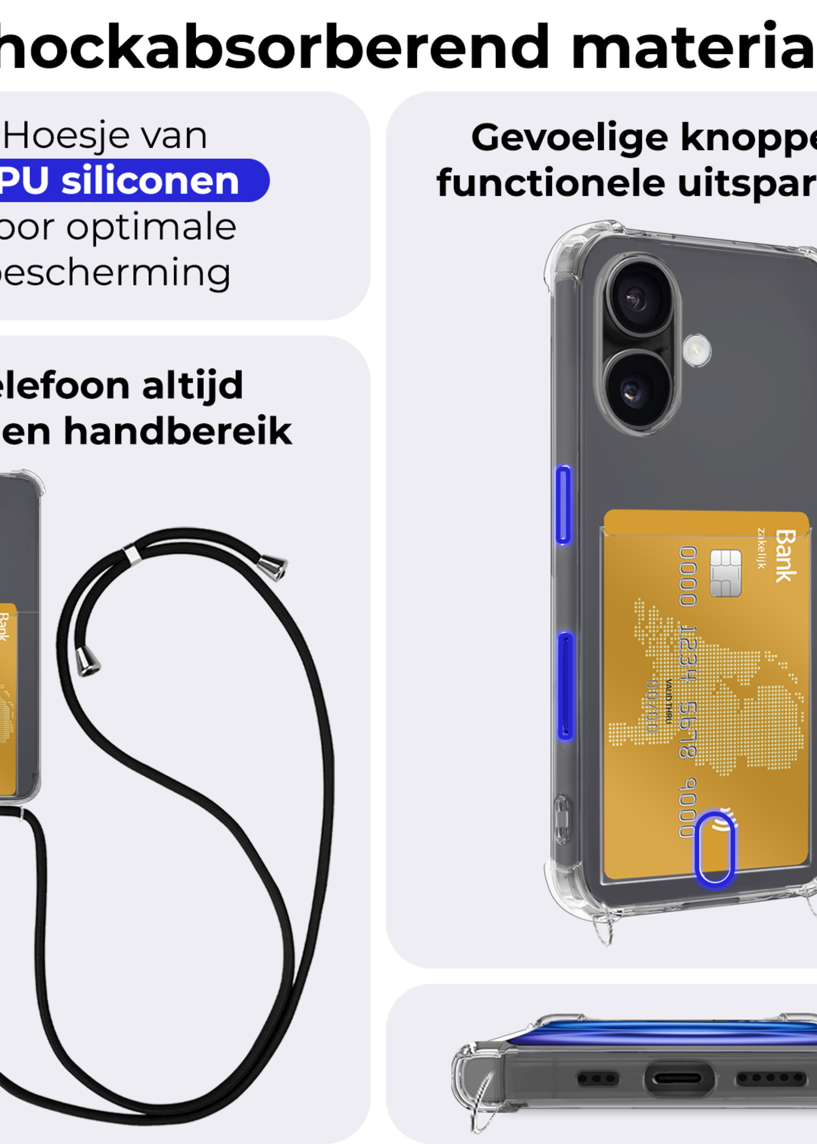 BTH Hoesje Geschikt voor iPhone 16 Plus Hoesje Met Telefoonkoord en Pasjeshouder Siliconen - Hoes Geschikt voor iPhone 16 Plus Hoesje Met Kaarthouder Shock Proof Case - Transparant - 2 PACK