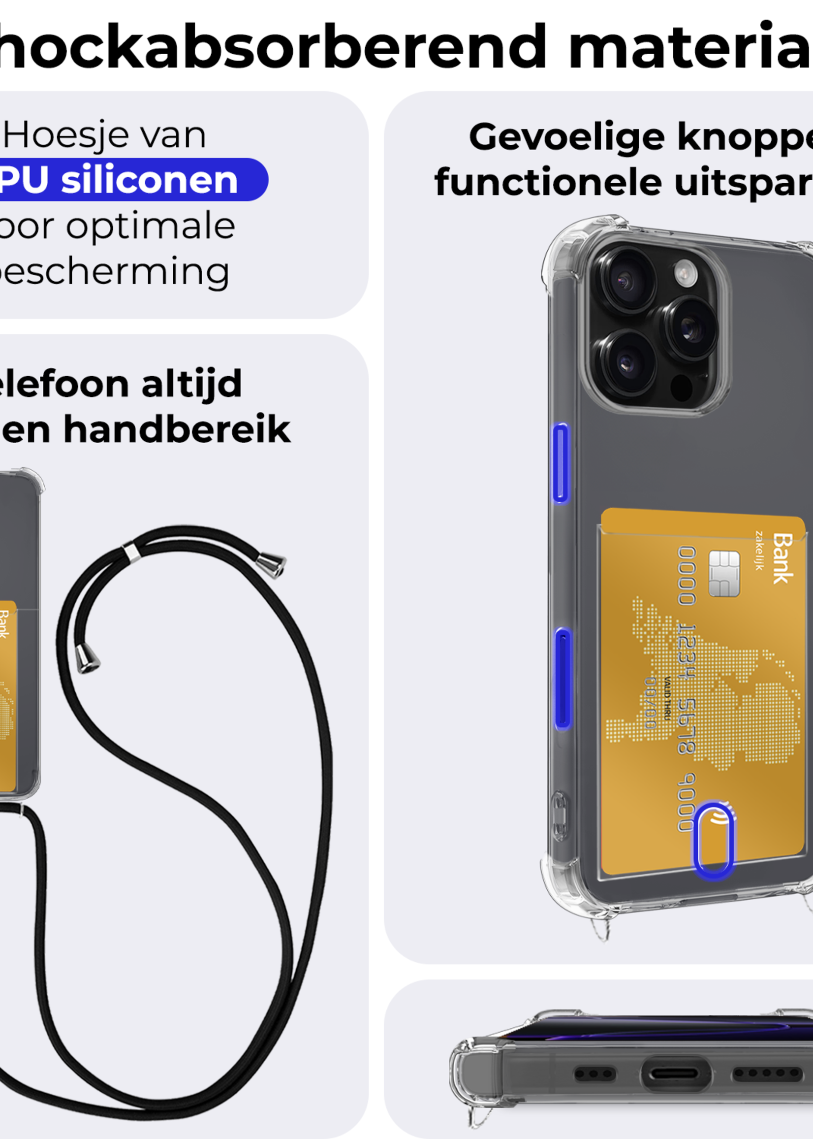 BTH Hoesje Geschikt voor iPhone 16 Pro Hoesje Met Telefoonkoord en Pasjeshouder Siliconen - Hoes Geschikt voor iPhone 16 Pro Hoesje Met Kaarthouder Shock Proof Case - Transparant - 2 PACK