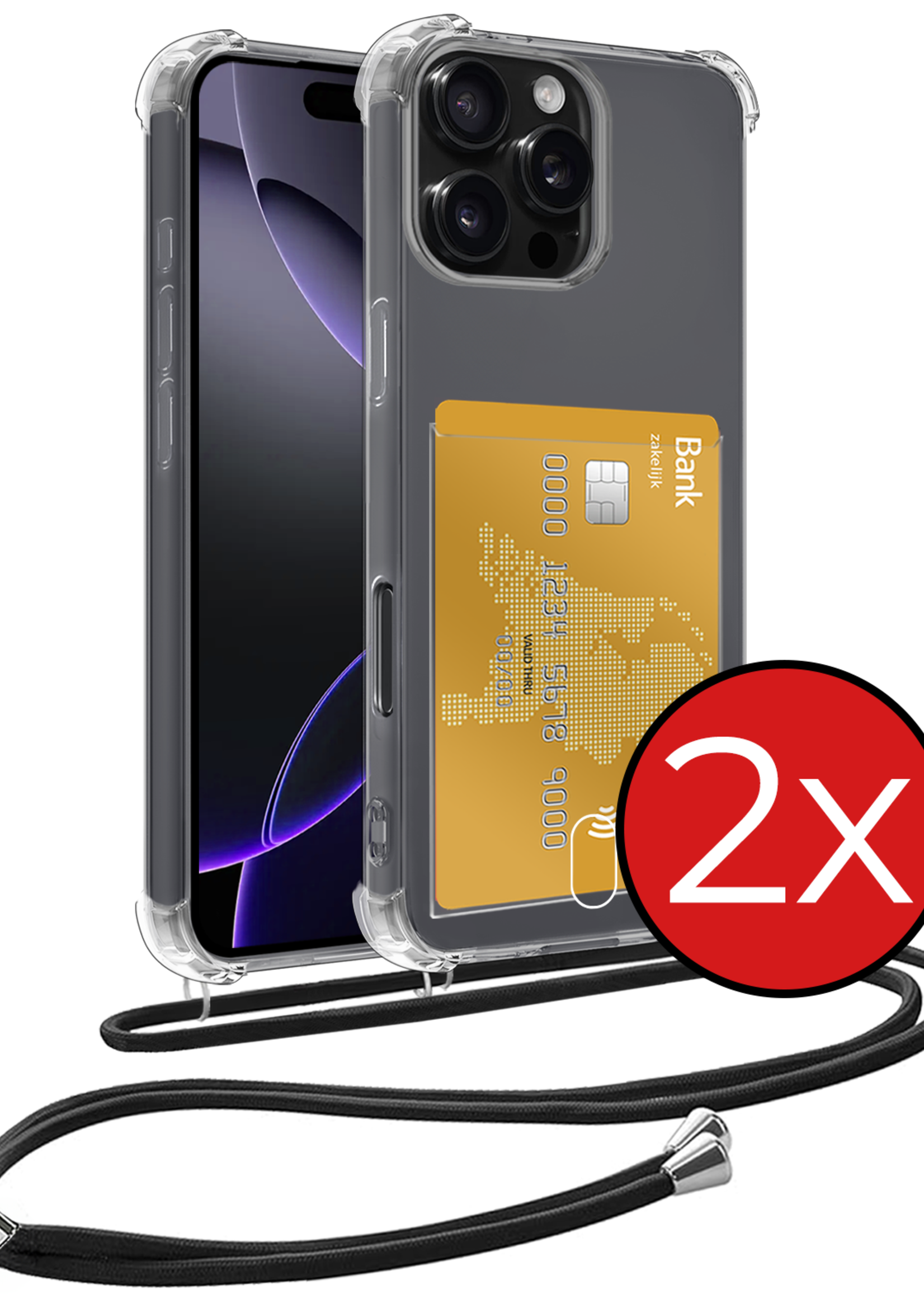 BTH Hoesje Geschikt voor iPhone 16 Pro Max Hoesje Met Telefoonkoord en Pasjeshouder Siliconen - Hoes Geschikt voor iPhone 16 Pro Max Hoesje Met Kaarthouder Shock Proof Case - Transparant - 2 PACK
