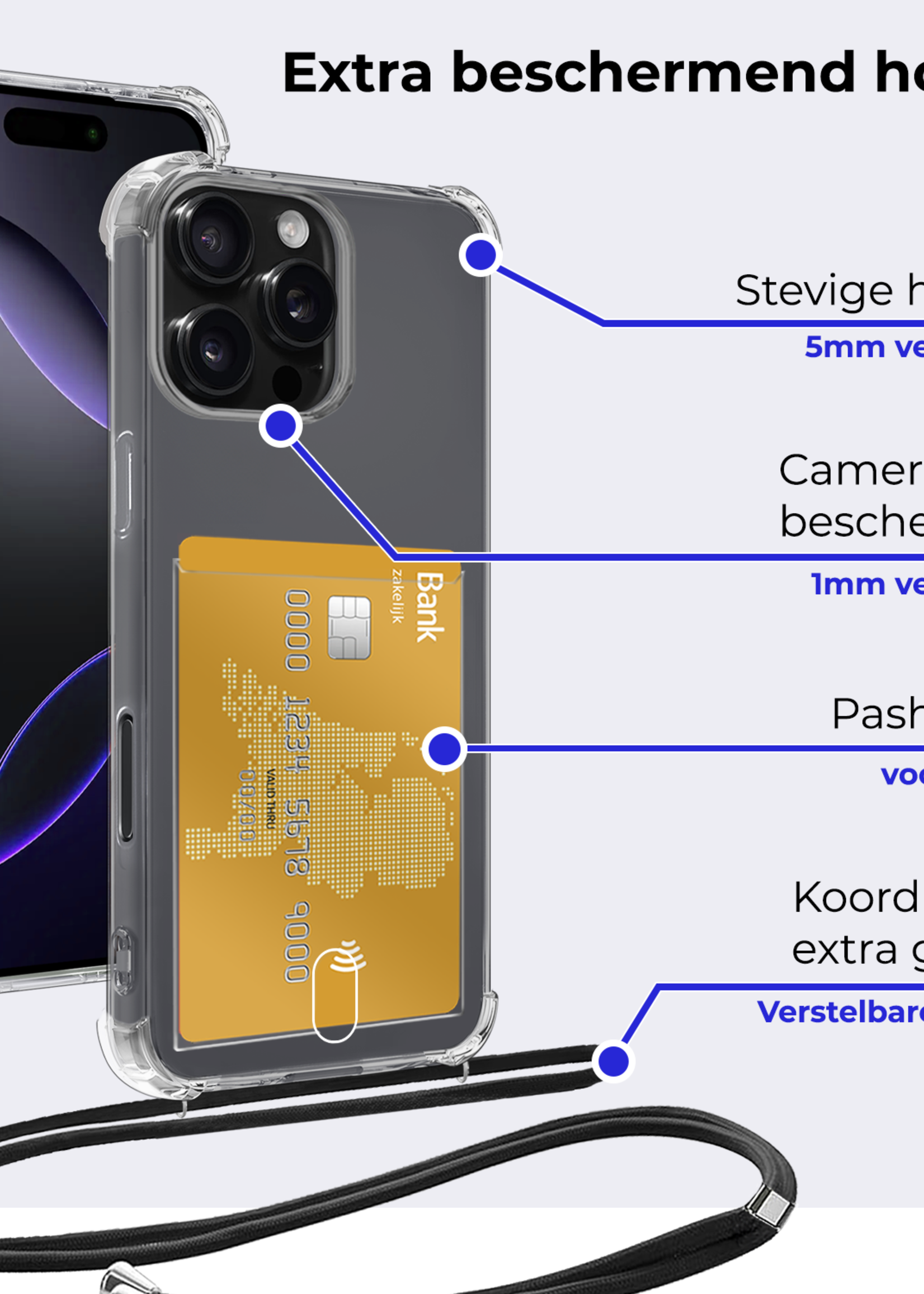 BTH Hoesje Geschikt voor iPhone 16 Pro Max Hoesje Met Telefoonkoord en Pasjeshouder Siliconen - Hoes Geschikt voor iPhone 16 Pro Max Hoesje Met Kaarthouder Shock Proof Case - Transparant - 2 PACK