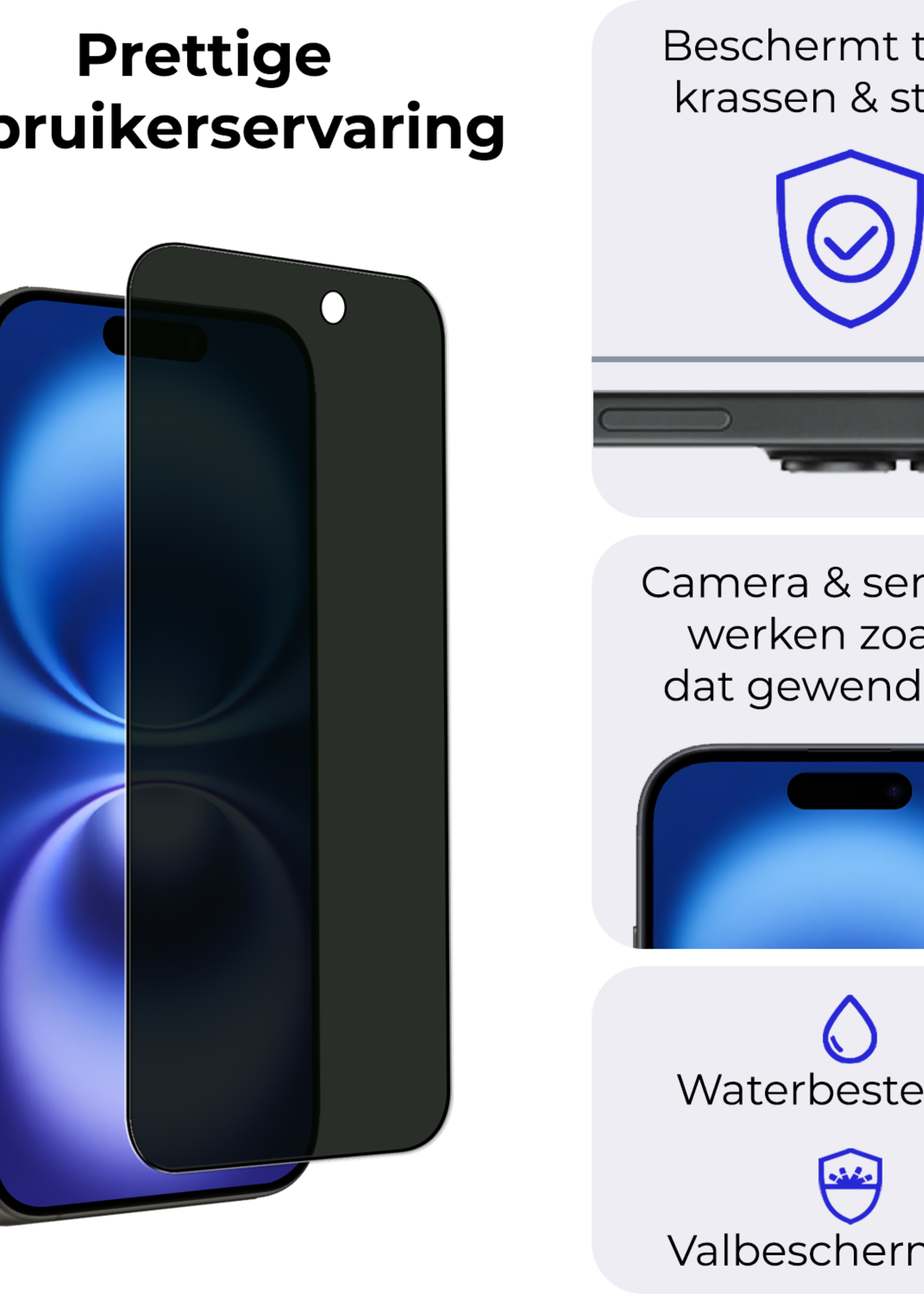 BTH Screenprotector Geschikt voor iPhone 16 Screenprotector Privacy Glas Gehard Full Cover - Screenprotector Geschikt voor iPhone 16 Screenprotector Privacy Tempered Glass - 3 PACK