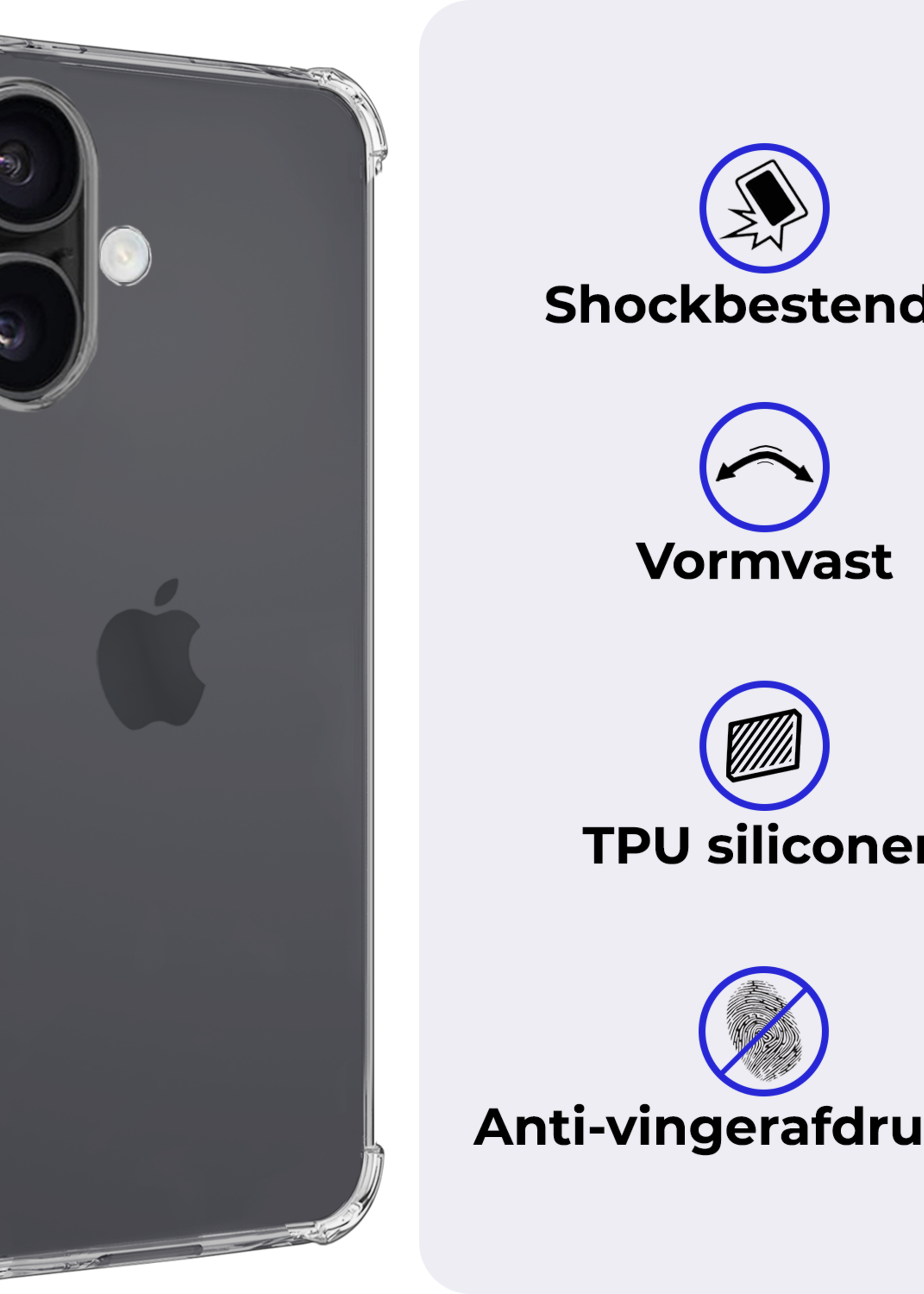 BTH Hoesje Geschikt voor iPhone 16 Hoesje Siliconen Shock Proof Case Hoes - Hoes Geschikt voor iPhone 16 Hoes Cover Case Shockproof - Transparant - 2 PACK