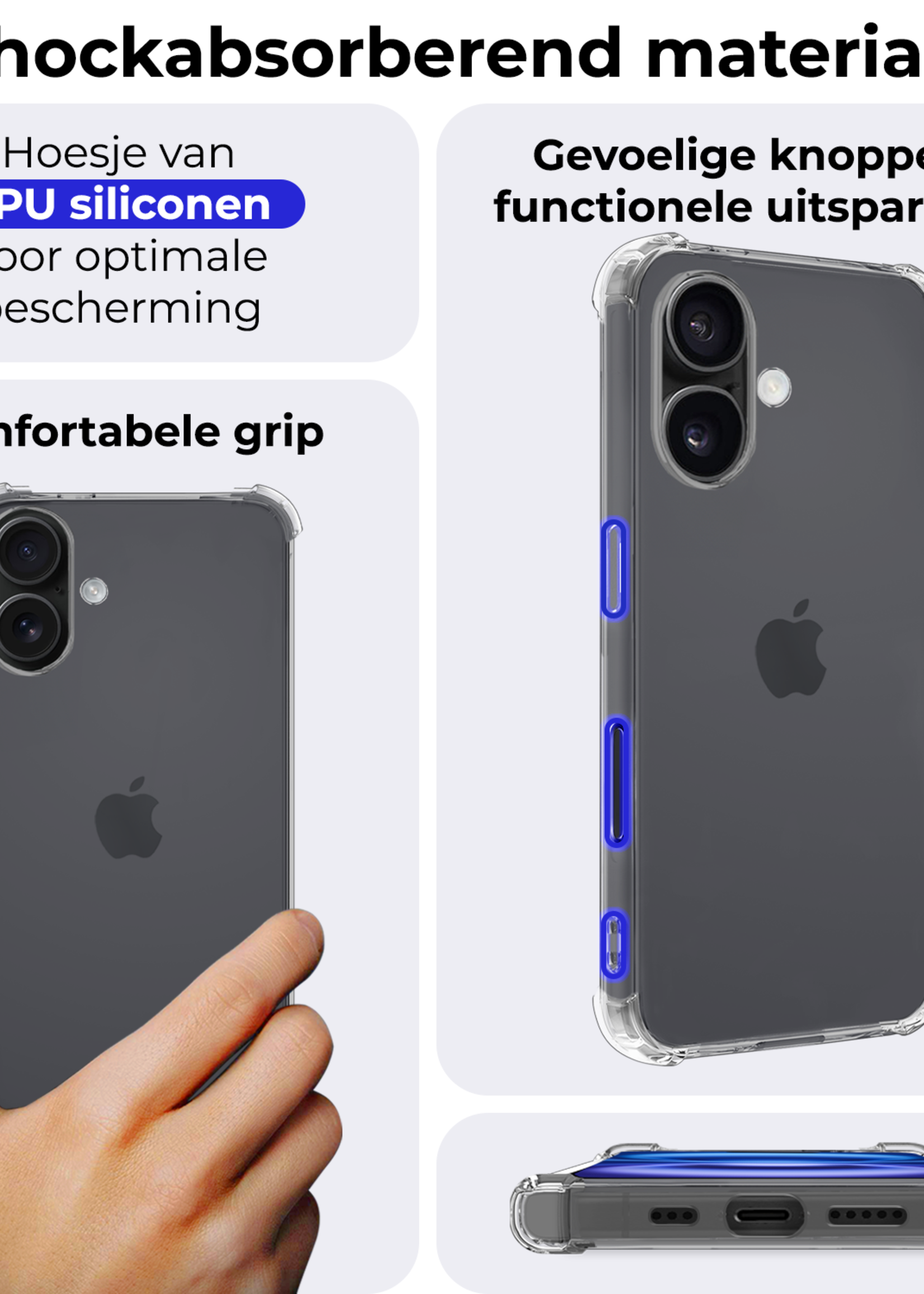 BTH Hoesje Geschikt voor iPhone 16 Hoesje Siliconen Shock Proof Case Hoes - Hoes Geschikt voor iPhone 16 Hoes Cover Case Shockproof - Transparant - 2 PACK