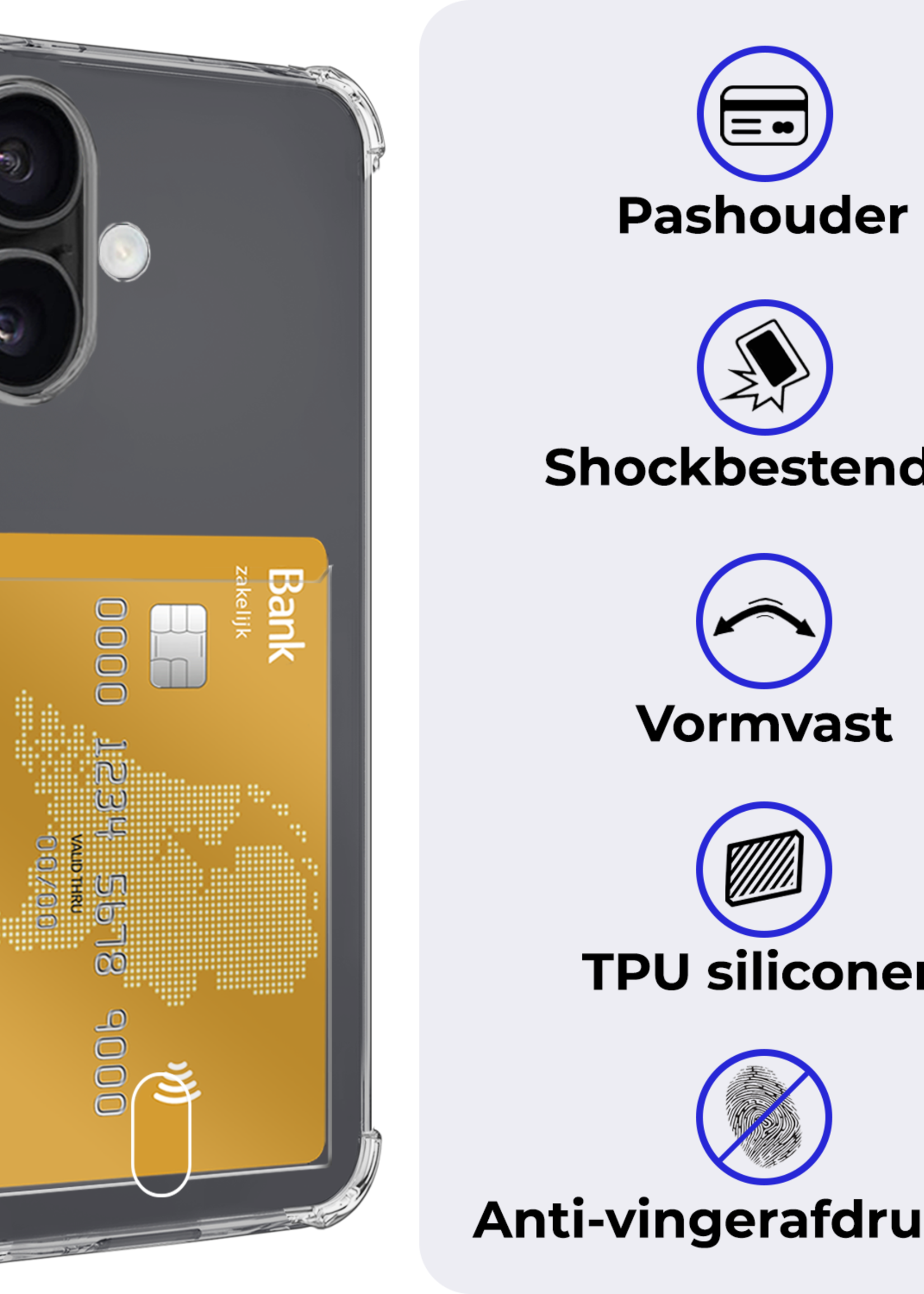 BTH Hoesje Geschikt voor iPhone 16 Hoesje Met Pasjeshouder Siliconen Case Met Kaarthouder Met Screenprotector - Hoes Geschikt voor iPhone 16 Hoesje Shock Proof Case - Transparant