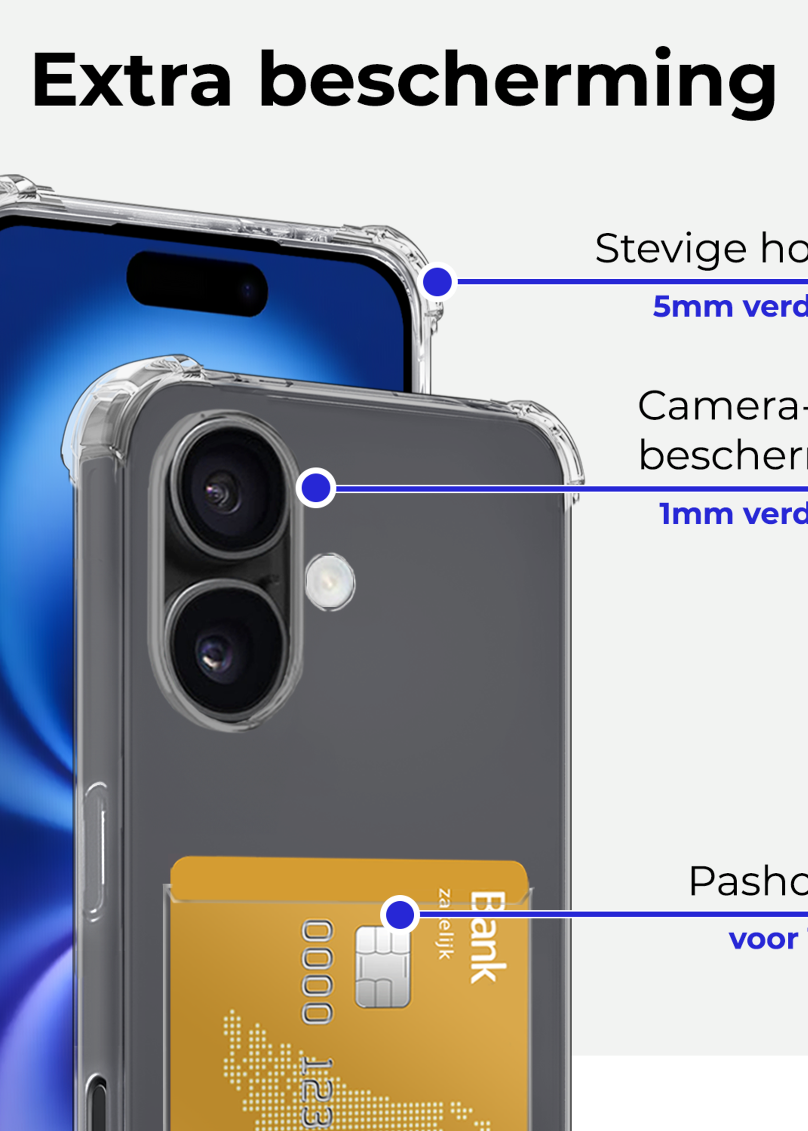 BTH Hoesje Geschikt voor iPhone 16 Hoesje Met Pasjeshouder Siliconen Case Met Kaarthouder Met Screenprotector - Hoes Geschikt voor iPhone 16 Hoesje Shock Proof Case - Transparant