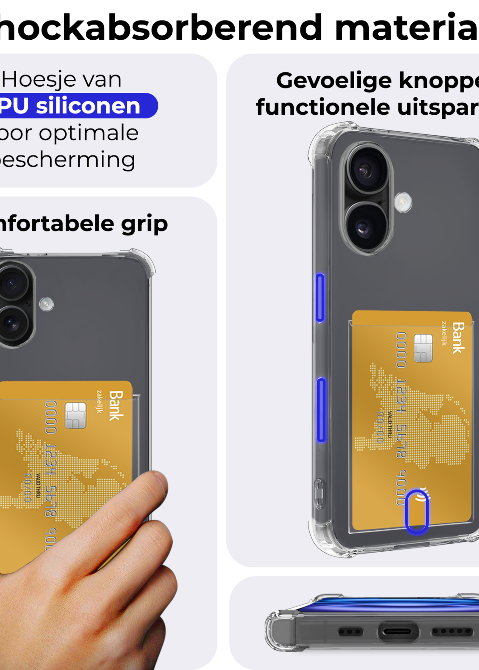BTH Hoesje Geschikt voor iPhone 16 Hoesje Met Pasjeshouder Siliconen Case Met Kaarthouder Met Screenprotector - Hoes Geschikt voor iPhone 16 Hoesje Shock Proof Case - Transparant