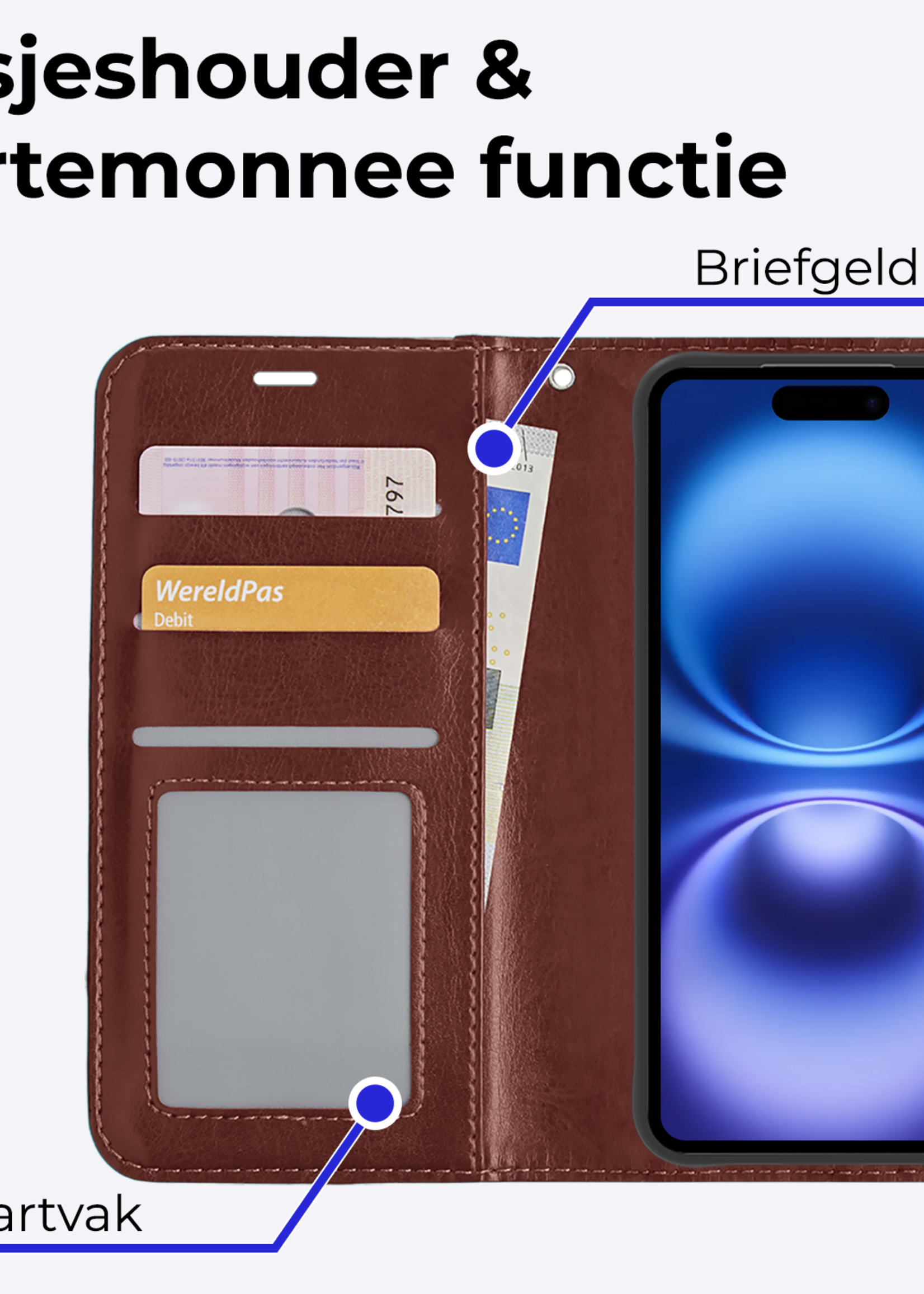 BTH Hoesje Geschikt voor iPhone 16 Hoesje Book Case Hoes Portemonnee Cover Walletcase Met 2x Screenprotector - Hoes Geschikt voor iPhone 16 Hoes Bookcase Hoesje - Bruin
