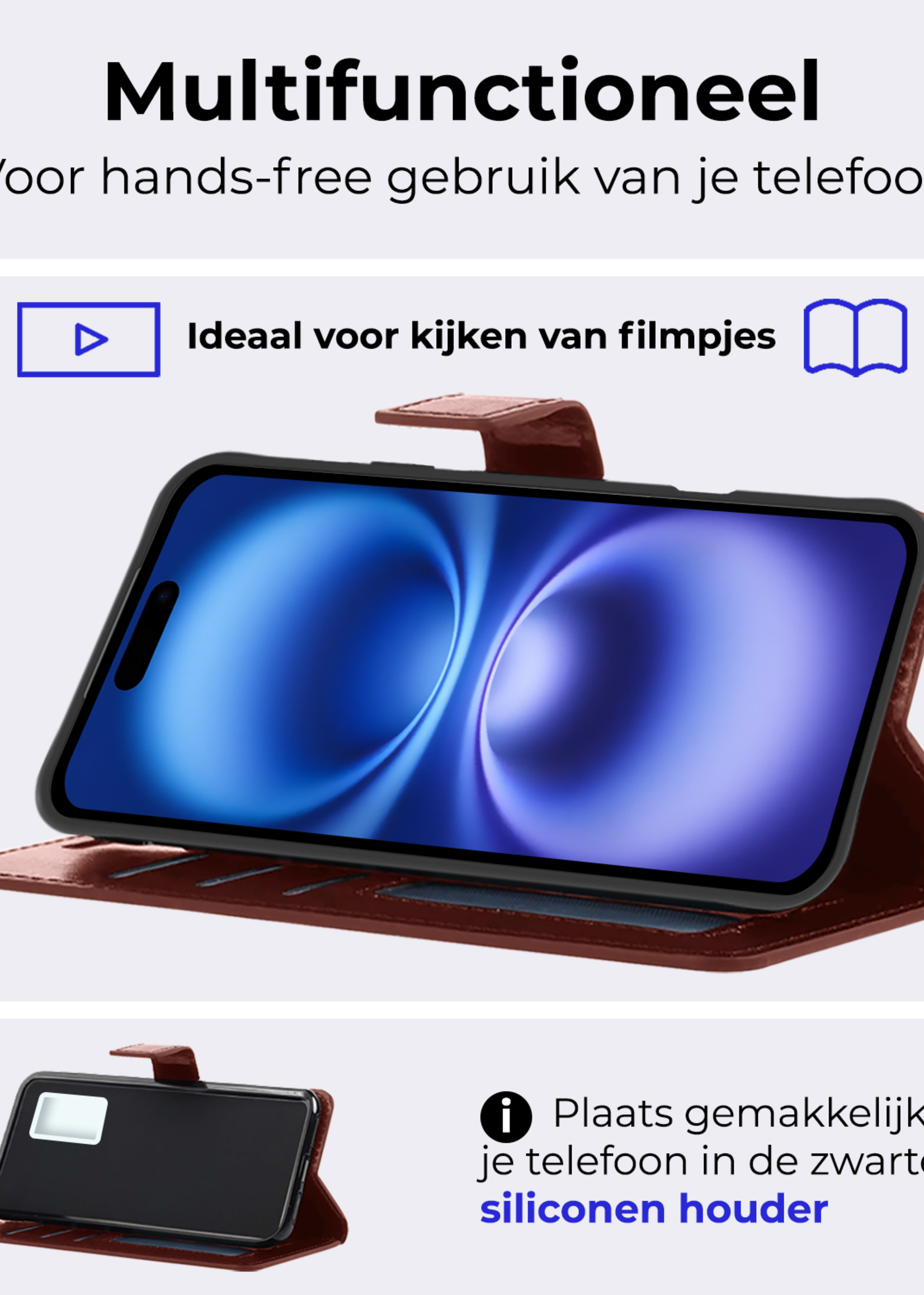 BTH Hoesje Geschikt voor iPhone 16 Hoesje Book Case Hoes Portemonnee Cover Walletcase Met 2x Screenprotector - Hoes Geschikt voor iPhone 16 Hoes Bookcase Hoesje - Bruin