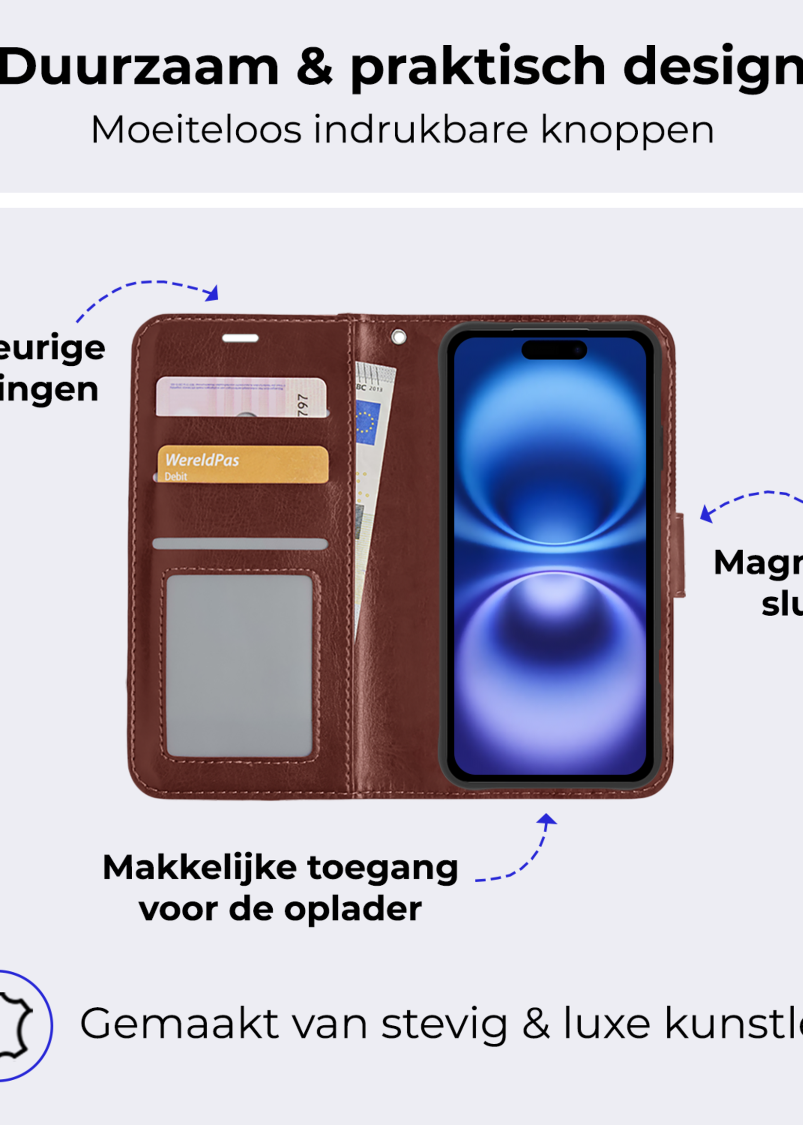 BTH Hoesje Geschikt voor iPhone 16 Hoesje Book Case Hoes Portemonnee Cover Walletcase Met 2x Screenprotector - Hoes Geschikt voor iPhone 16 Hoes Bookcase Hoesje - Bruin