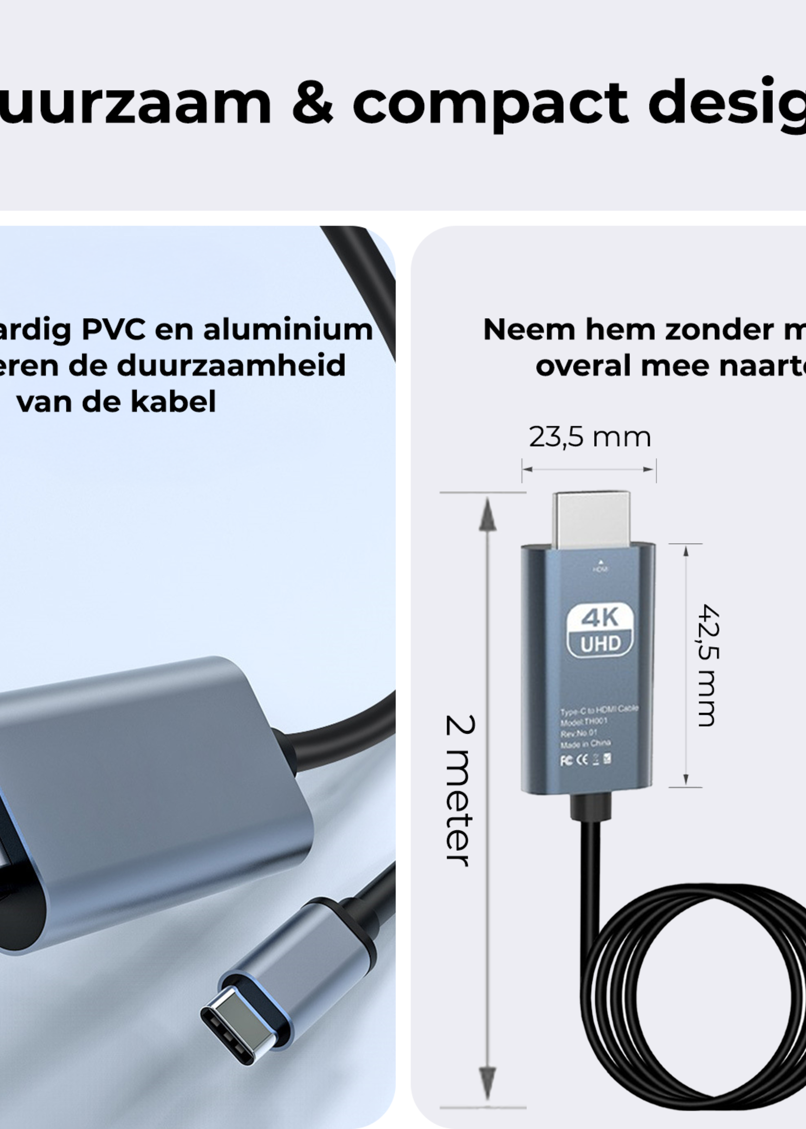 BTH USB C naar HDMI 4K 30Hz Converter - USBC naar HDMI Adapter 2 meter  – Zwart