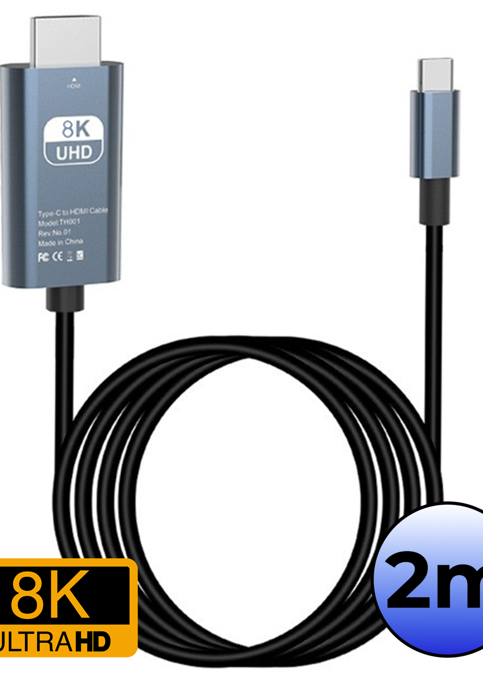 BTH USB C naar HDMI 8K 60Hz Converter - USBC naar HDMI Adapter 2 meter  – Zwart