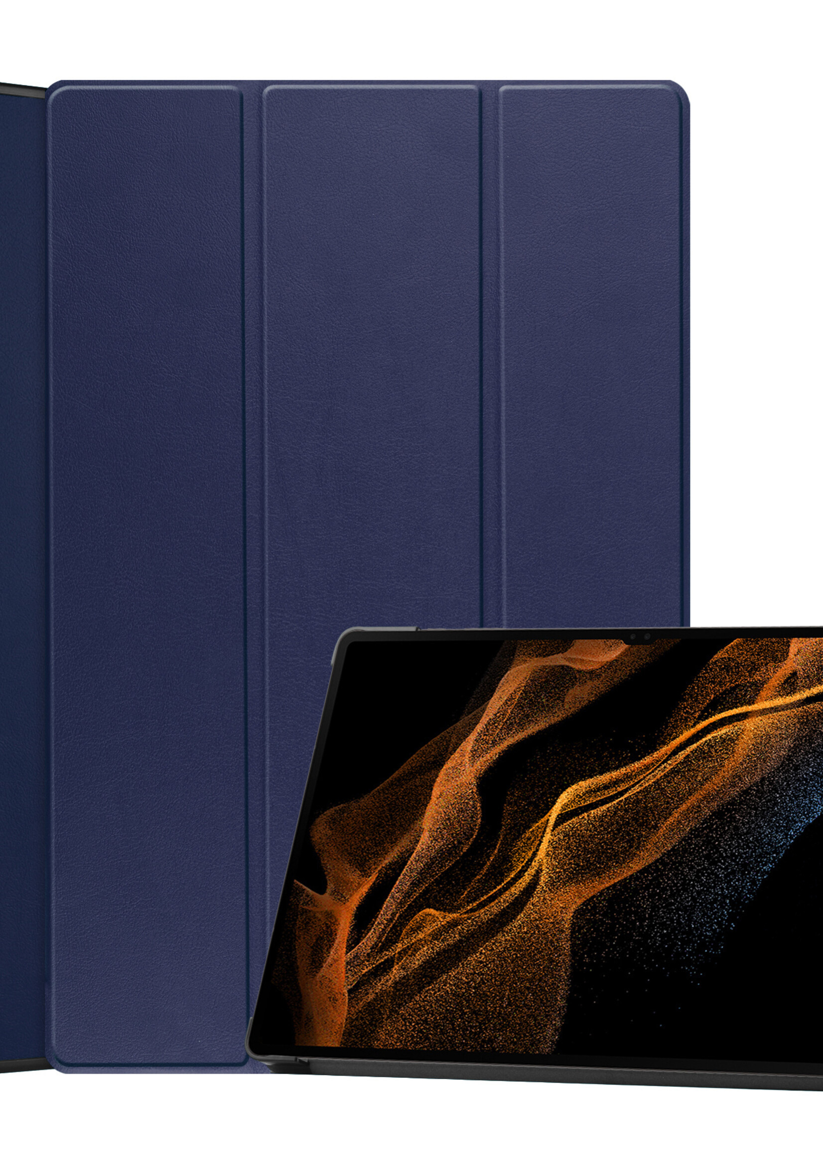 BTH Hoes Geschikt voor Samsung Galaxy Tab S10 Ultra Hoes Book Case Hoesje Trifold Cover Met Uitsparing Geschikt voor S Pen - Hoesje Geschikt voor Samsung Tab S10 Ultra Hoesje Bookcase - Donkerblauw
