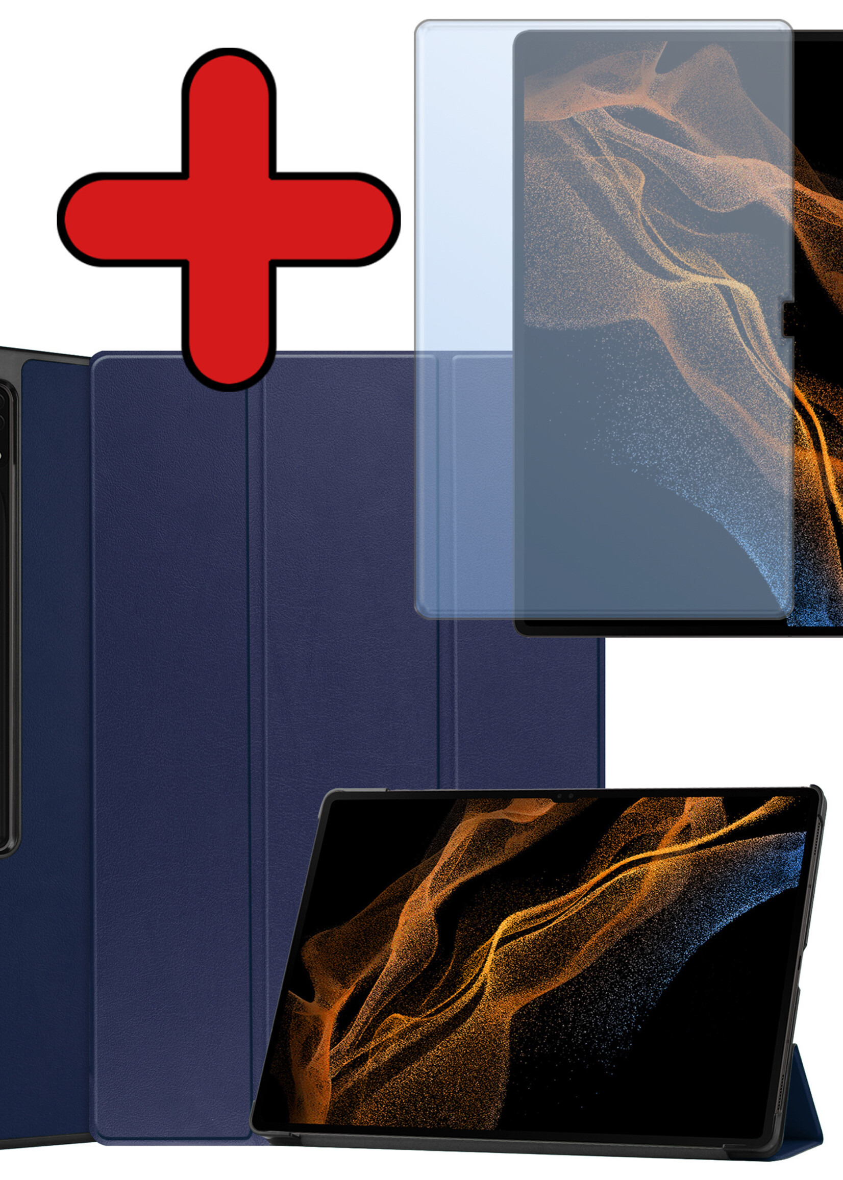 BTH Hoes Geschikt voor Samsung Galaxy Tab S10 Ultra Hoes Book Case Hoesje Trifold Cover Met Uitsparing Geschikt voor S Pen Met Screenprotector - Hoesje Geschikt voor Samsung Tab S10 Ultra Hoesje Bookcase - Donkerblauw