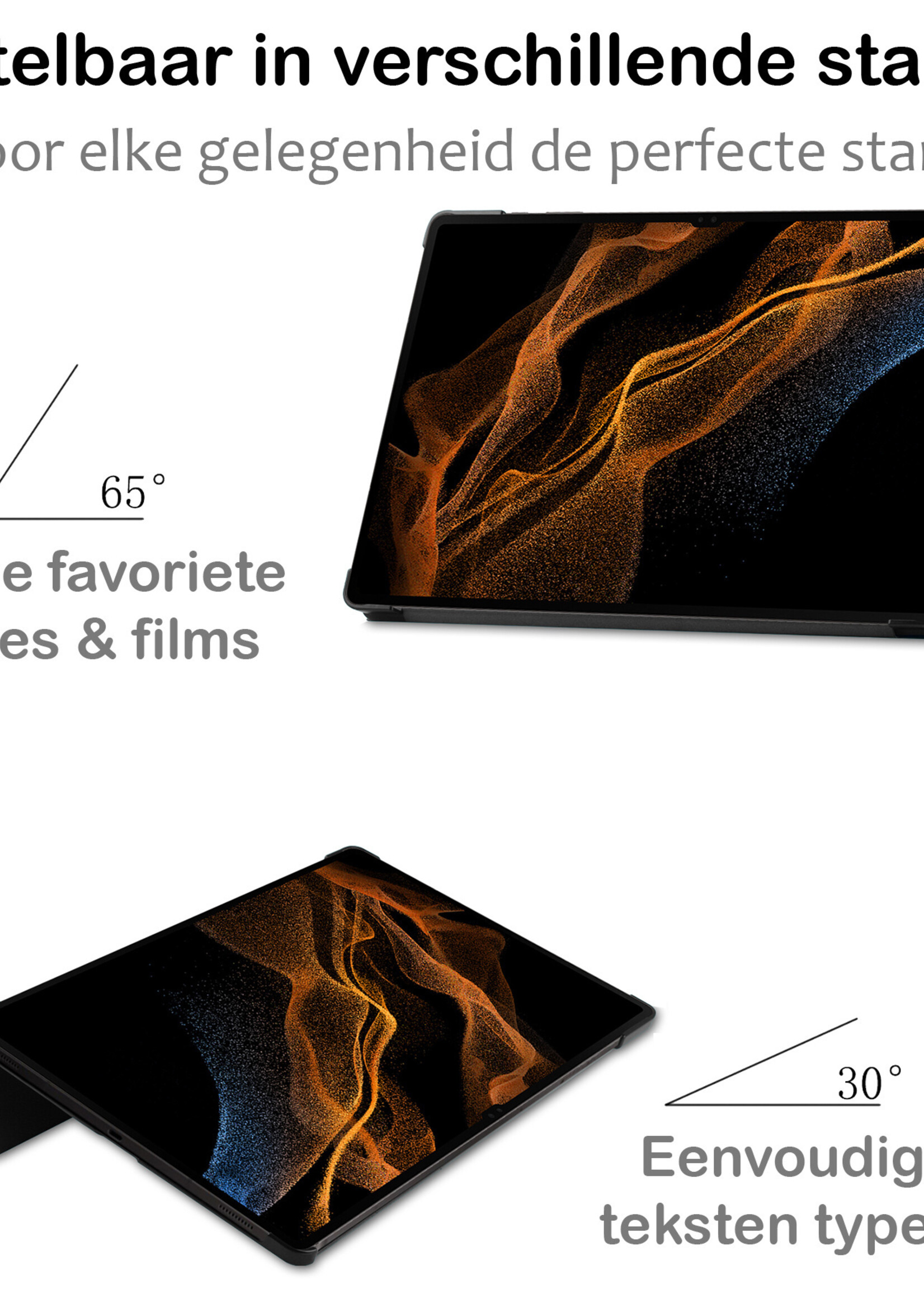 BTH Hoes Geschikt voor Samsung Galaxy Tab S10 Ultra Hoes Book Case Hoesje Trifold Cover Met Uitsparing Geschikt voor S Pen Met Screenprotector - Hoesje Geschikt voor Samsung Tab S10 Ultra Hoesje Bookcase - Donkerblauw