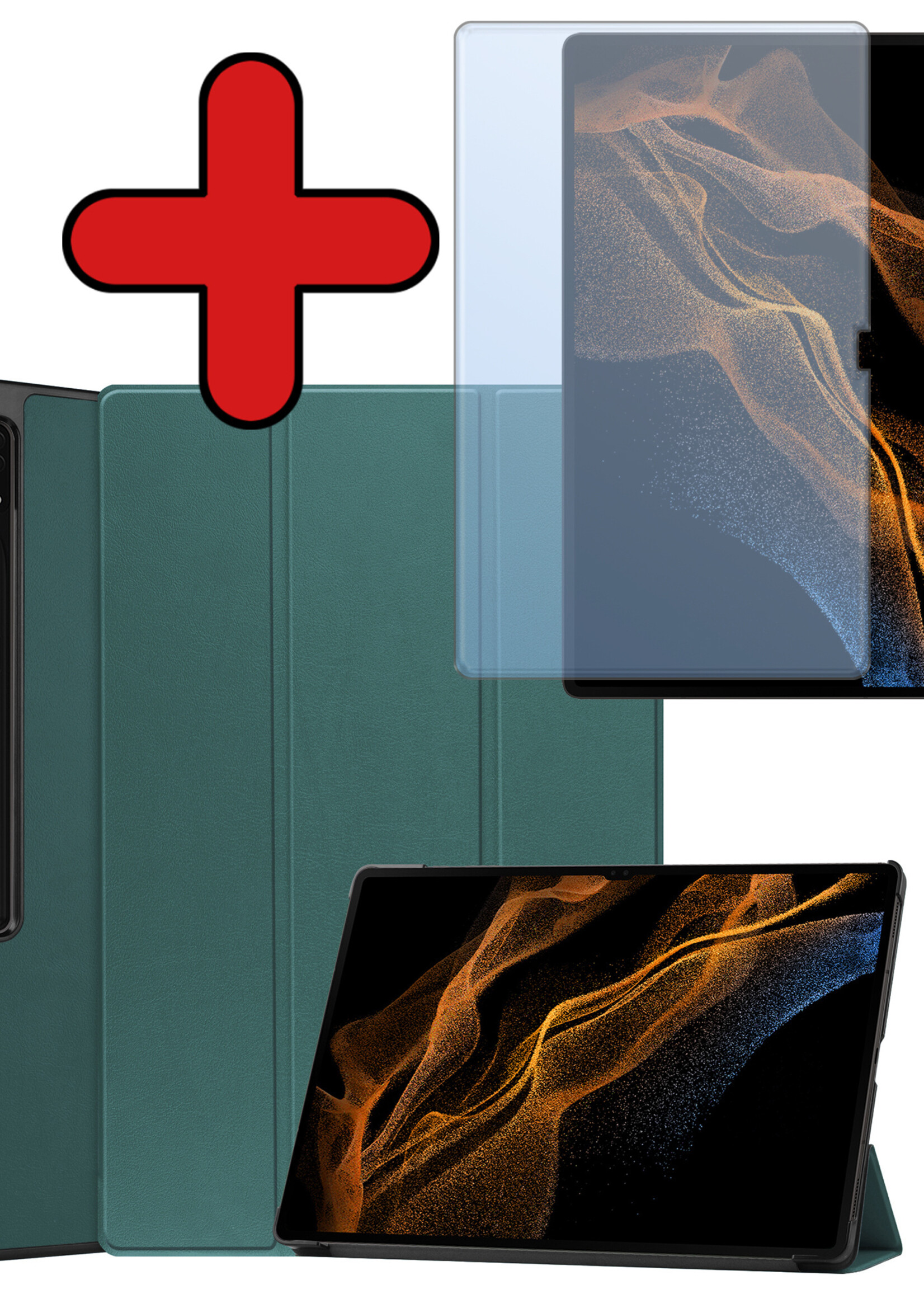 BTH Hoes Geschikt voor Samsung Galaxy Tab S10 Ultra Hoes Book Case Hoesje Trifold Cover Met Uitsparing Geschikt voor S Pen Met Screenprotector - Hoesje Geschikt voor Samsung Tab S10 Ultra Hoesje Bookcase - Donkergroen