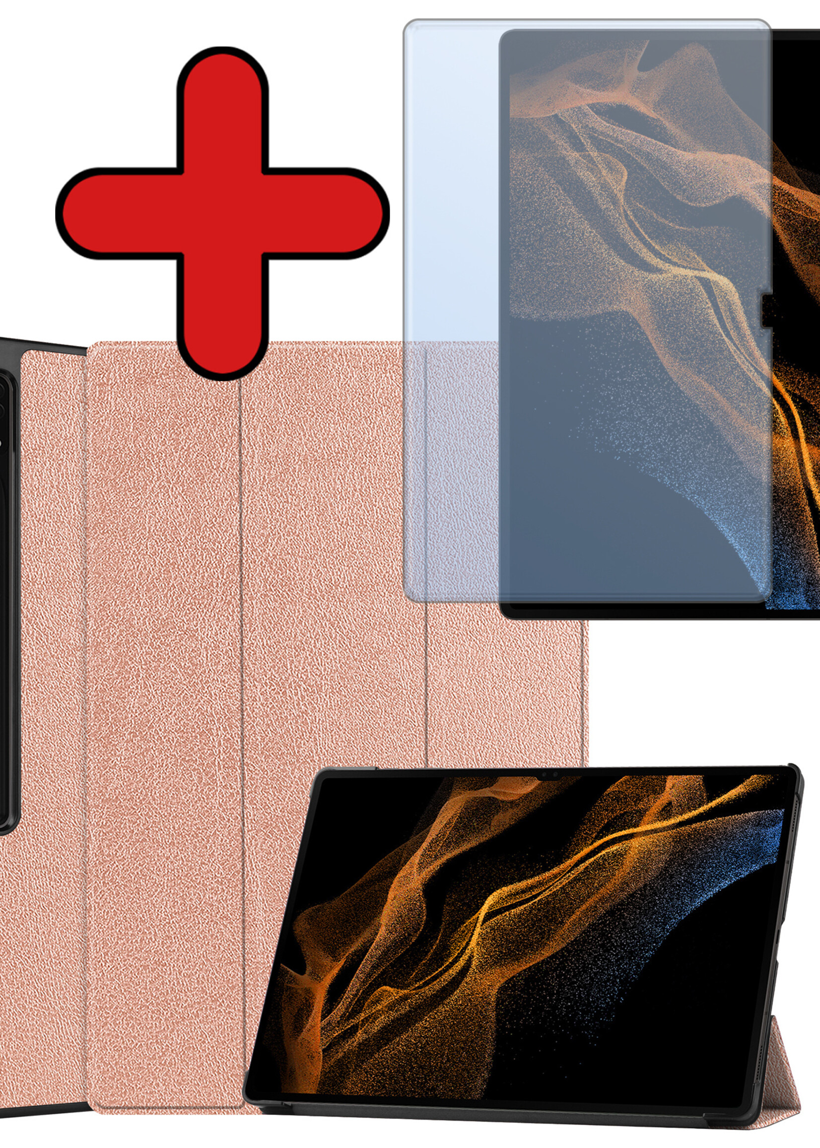BTH Hoes Geschikt voor Samsung Galaxy Tab S10 Ultra Hoes Book Case Hoesje Trifold Cover Met Uitsparing Geschikt voor S Pen Met Screenprotector - Hoesje Geschikt voor Samsung Tab S10 Ultra Hoesje Bookcase - Rosé goud