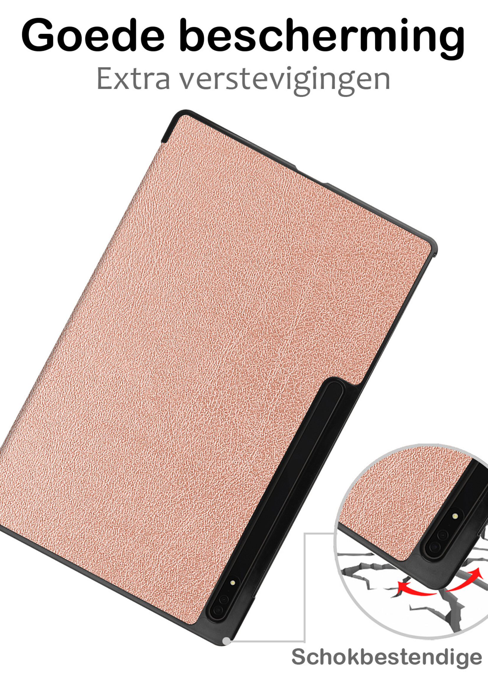 BTH Hoes Geschikt voor Samsung Galaxy Tab S10 Ultra Hoes Book Case Hoesje Trifold Cover Met Uitsparing Geschikt voor S Pen Met Screenprotector - Hoesje Geschikt voor Samsung Tab S10 Ultra Hoesje Bookcase - Rosé goud