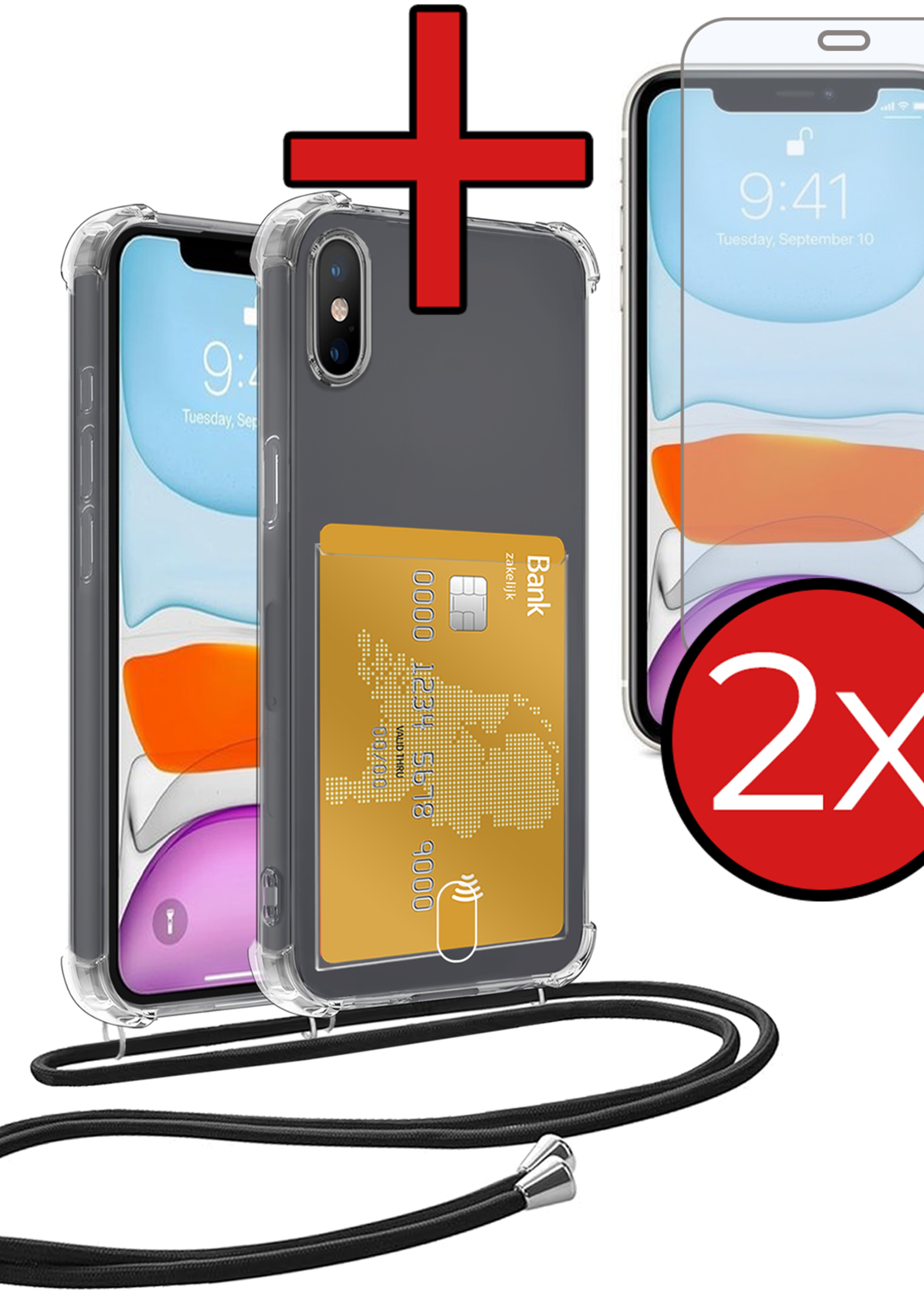 BTH Hoesje Geschikt voor iPhone Xs Max Hoesje Met Telefoonkoord en Pasjeshouder Met 2x Screenprotector Siliconen - Hoes Geschikt voor iPhone Xs Max Hoesje Met Kaarthouder Shock Proof Case - Transparant
