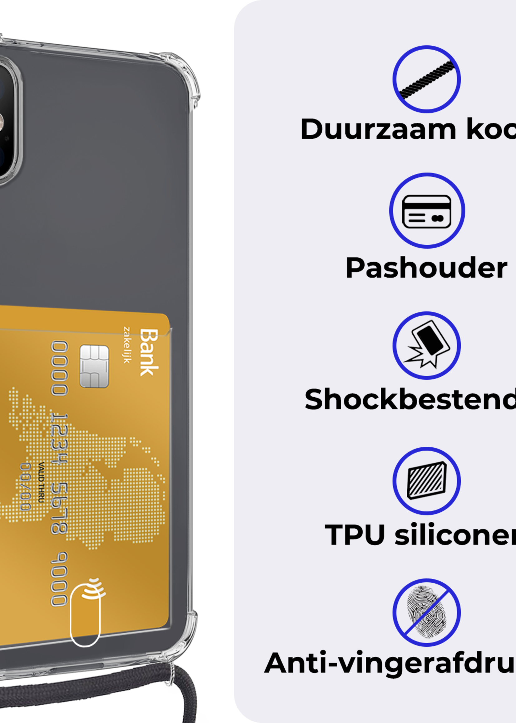 BTH Hoesje Geschikt voor iPhone Xs Max Hoesje Met Telefoonkoord en Pasjeshouder Met 2x Screenprotector Siliconen - Hoes Geschikt voor iPhone Xs Max Hoesje Met Kaarthouder Shock Proof Case - Transparant