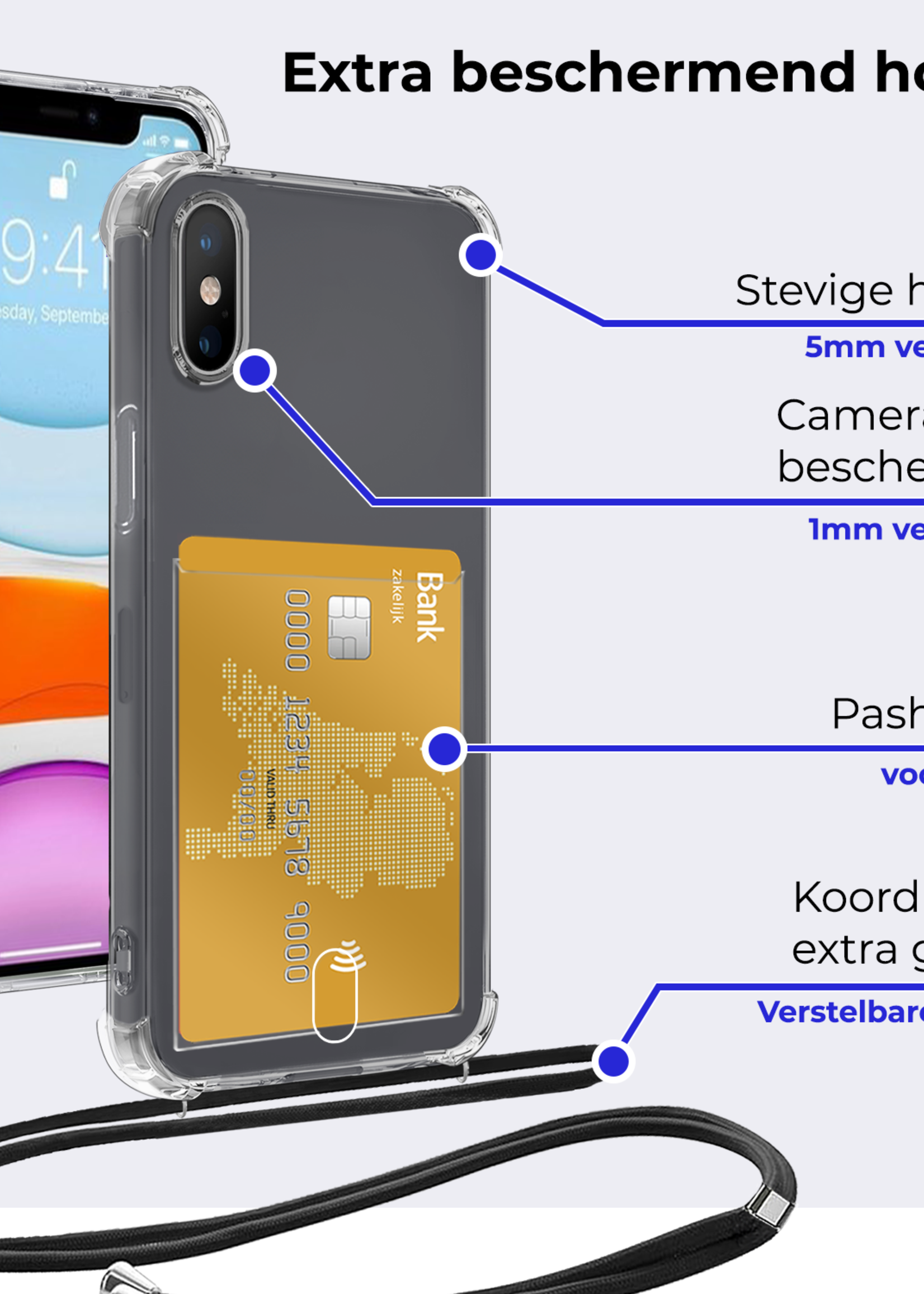 BTH Hoesje Geschikt voor iPhone Xs Max Hoesje Met Telefoonkoord en Pasjeshouder Met 2x Screenprotector Siliconen - Hoes Geschikt voor iPhone Xs Max Hoesje Met Kaarthouder Shock Proof Case - Transparant