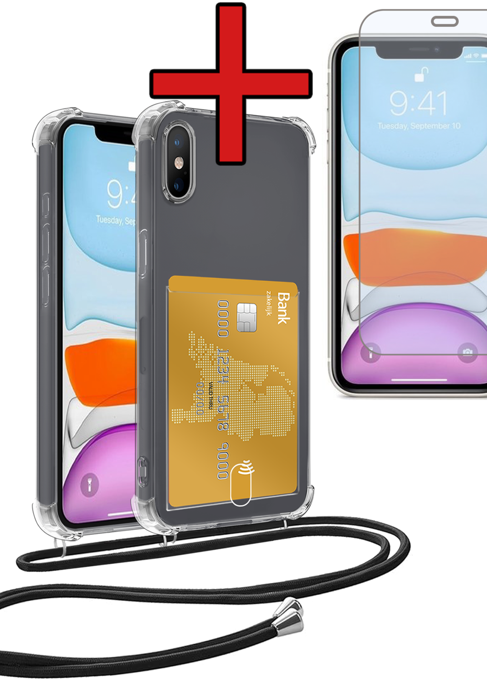 BTH Hoesje Geschikt voor iPhone Xs Max Hoesje Met Telefoonkoord en Pasjeshouder Met Screenprotector Siliconen - Hoes Geschikt voor iPhone Xs Max Hoesje Met Kaarthouder Shock Proof Case - Transparant