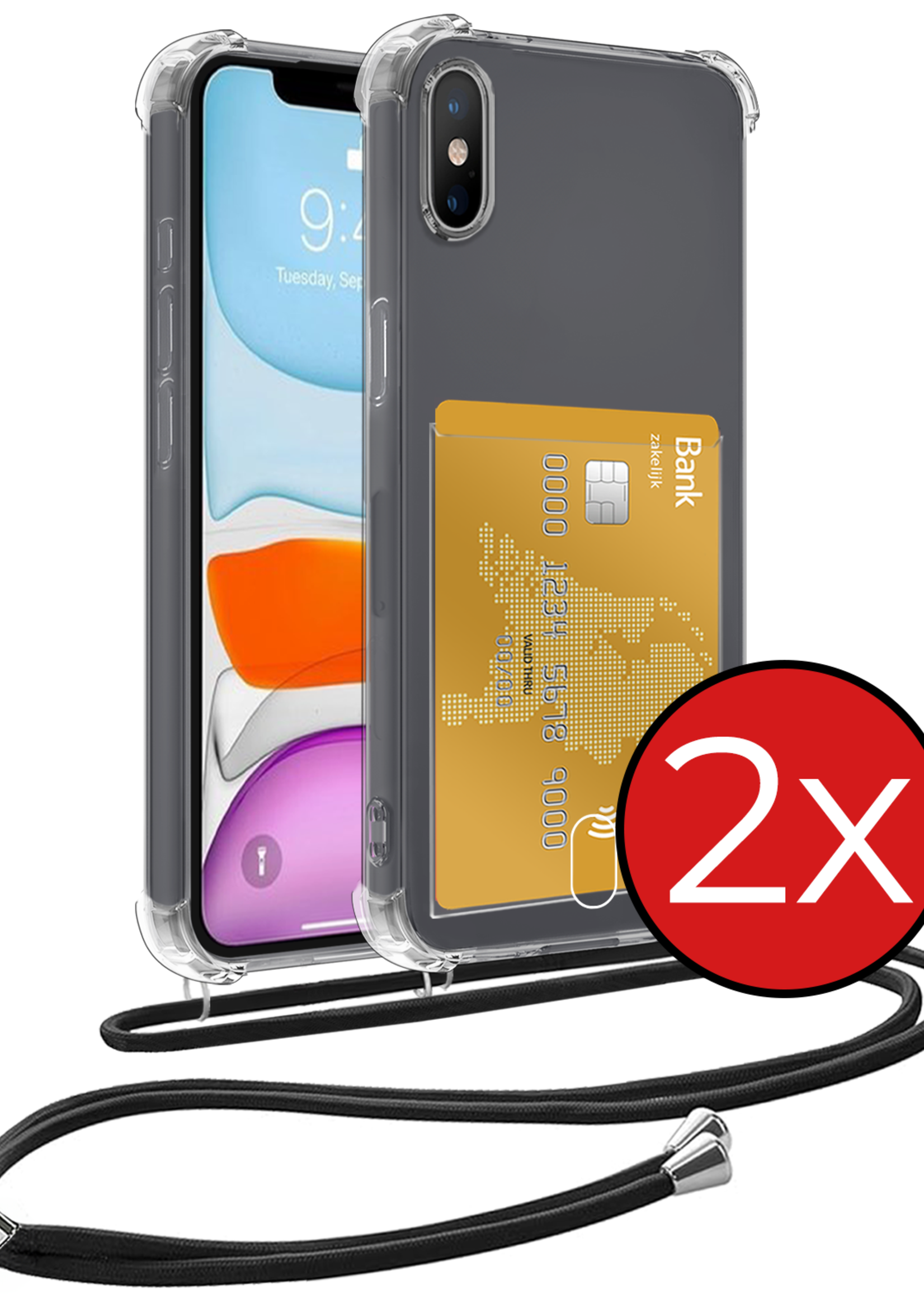 BTH Hoesje Geschikt voor iPhone Xs Max Hoesje Met Telefoonkoord en Pasjeshouder Siliconen - Hoes Geschikt voor iPhone Xs Max Hoesje Met Kaarthouder Shock Proof Case - Transparant - 2 PACK