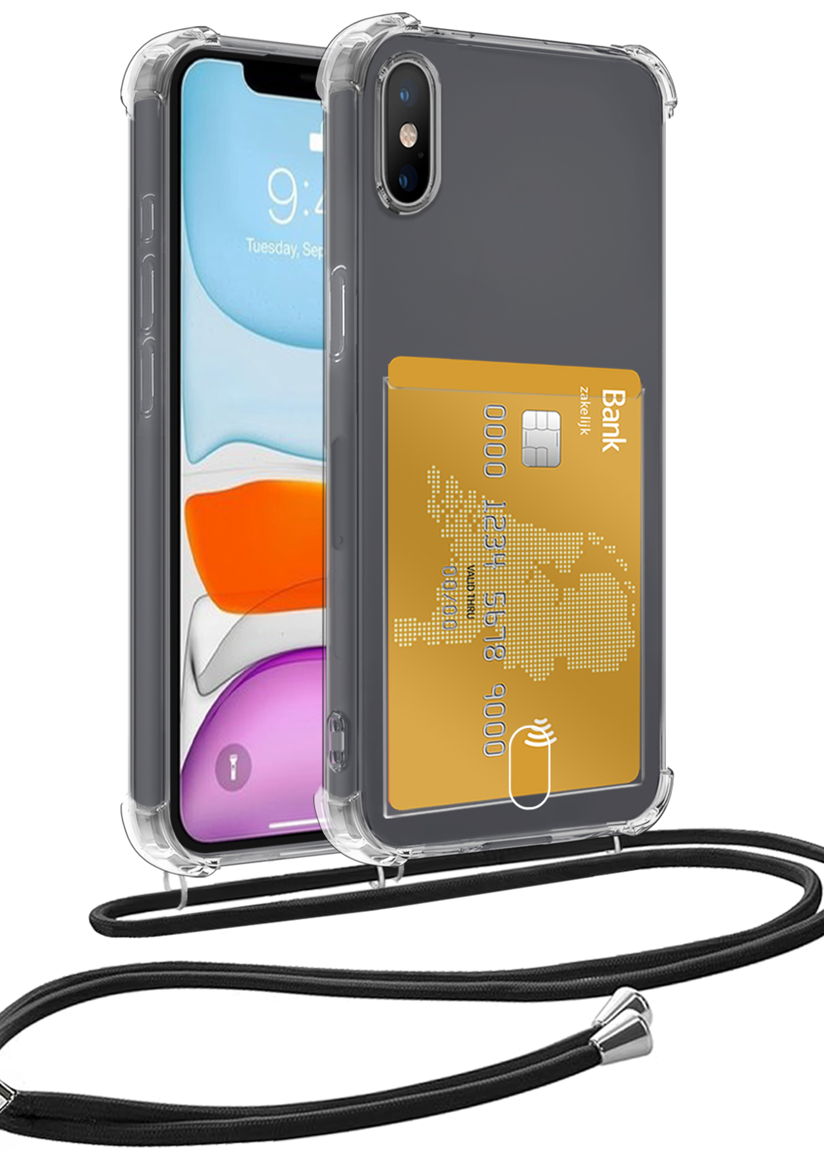 BTH Hoesje Geschikt voor iPhone Xs Max Hoesje Met Telefoonkoord en Pasjeshouder Siliconen - Hoes Geschikt voor iPhone Xs Max Hoesje Met Kaarthouder Shock Proof Case - Transparant
