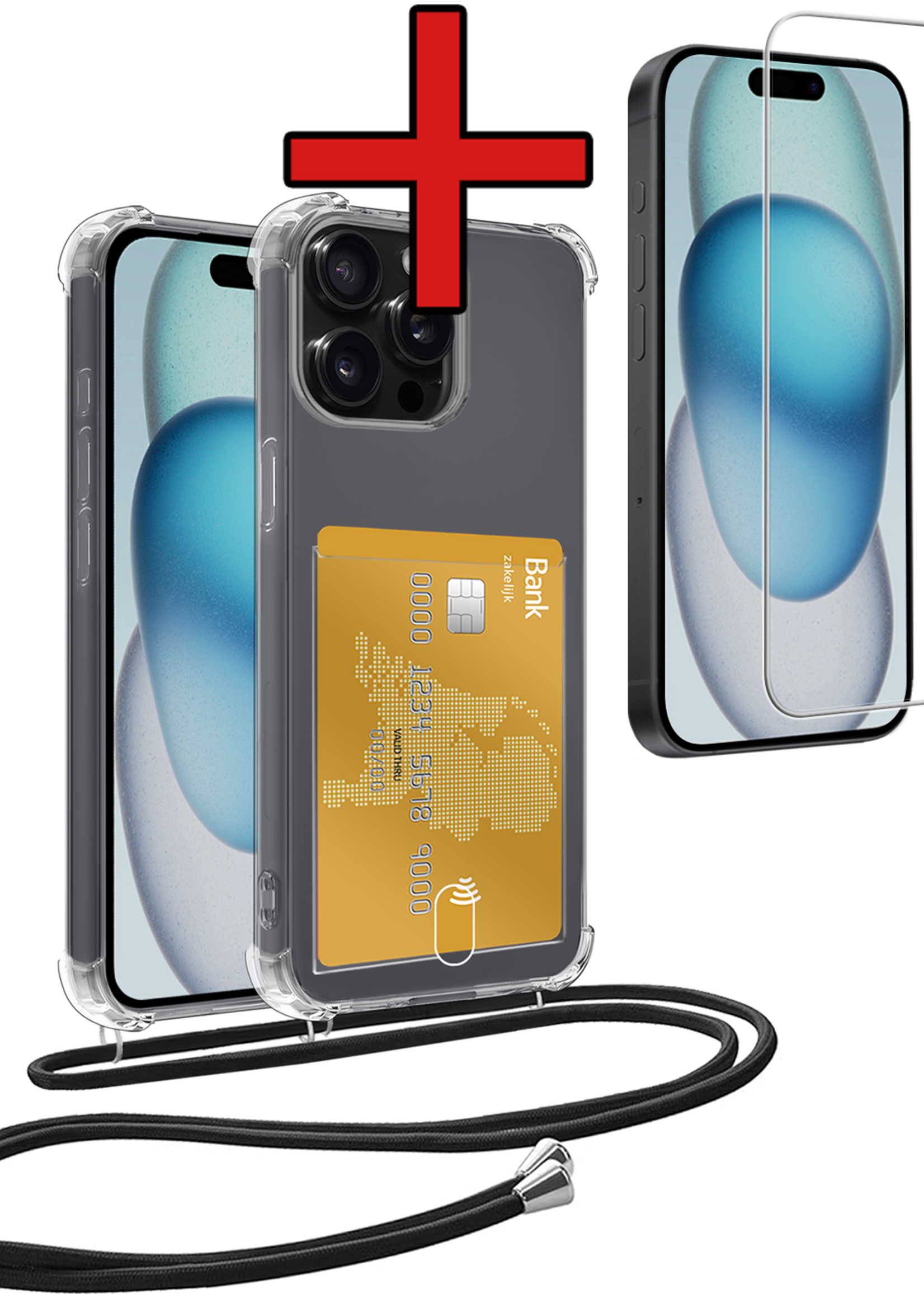 BTH Hoesje Geschikt voor iPhone 11 Pro Hoesje Met Telefoonkoord en Pasjeshouder Met Screenprotector Siliconen - Hoes Geschikt voor iPhone 11 Pro Hoesje Met Kaarthouder Shock Proof Case - Transparant