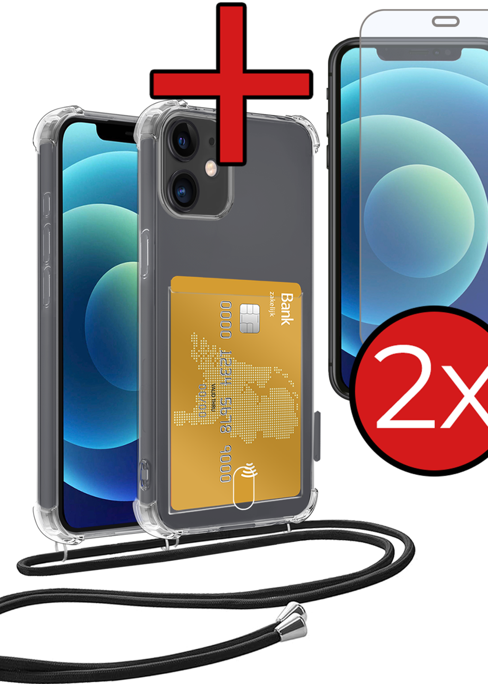 BTH Hoesje Geschikt voor iPhone 11 Hoesje Met Telefoonkoord en Pasjeshouder Met 2x Screenprotector Siliconen - Hoes Geschikt voor iPhone 11 Hoesje Met Kaarthouder Shock Proof Case - Transparant