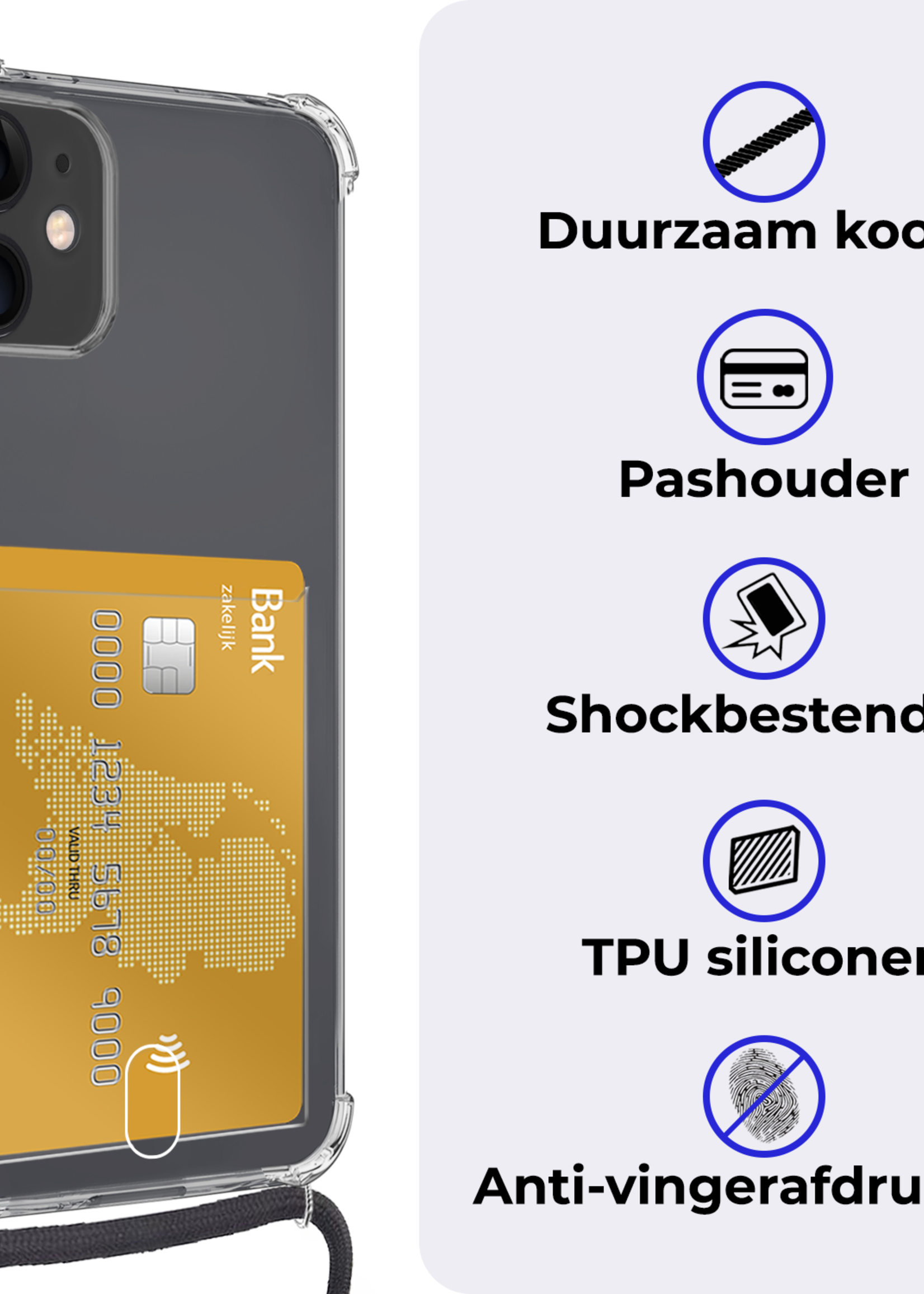 BTH Hoesje Geschikt voor iPhone 11 Hoesje Met Telefoonkoord en Pasjeshouder Met 2x Screenprotector Siliconen - Hoes Geschikt voor iPhone 11 Hoesje Met Kaarthouder Shock Proof Case - Transparant