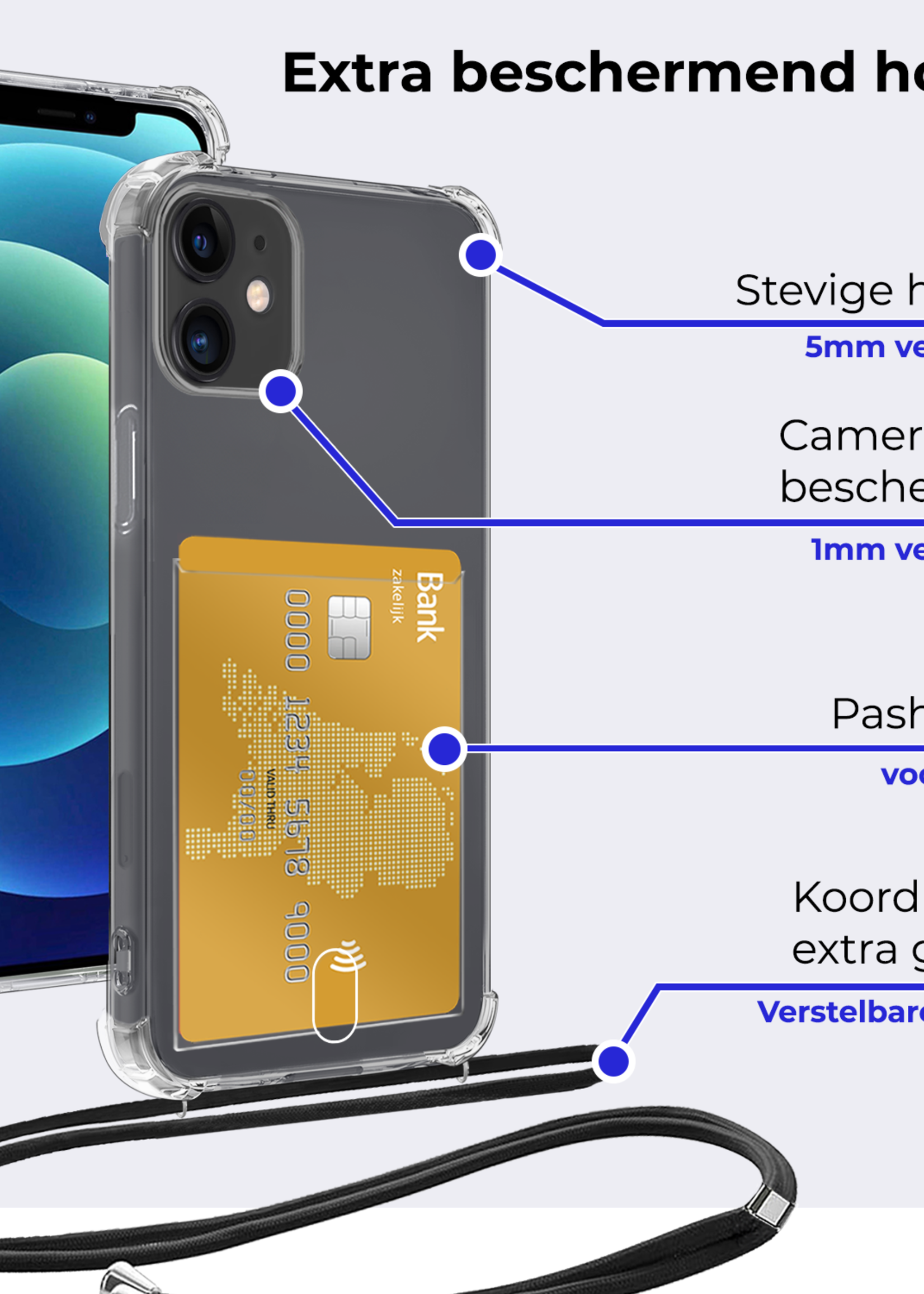 BTH Hoesje Geschikt voor iPhone 11 Hoesje Met Telefoonkoord en Pasjeshouder Met 2x Screenprotector Siliconen - Hoes Geschikt voor iPhone 11 Hoesje Met Kaarthouder Shock Proof Case - Transparant