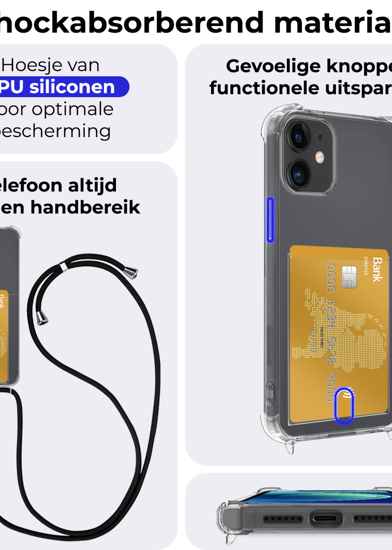BTH Hoesje Geschikt voor iPhone 11 Hoesje Met Telefoonkoord en Pasjeshouder Met 2x Screenprotector Siliconen - Hoes Geschikt voor iPhone 11 Hoesje Met Kaarthouder Shock Proof Case - Transparant