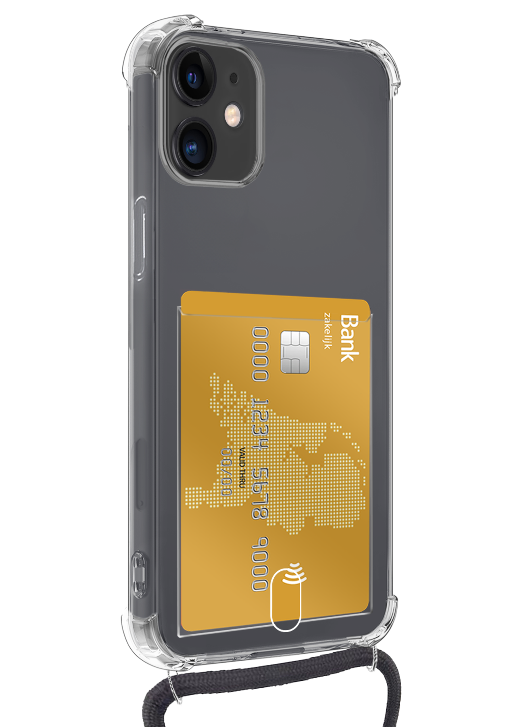 BTH Hoesje Geschikt voor iPhone 11 Hoesje Met Telefoonkoord en Pasjeshouder Met 2x Screenprotector Siliconen - Hoes Geschikt voor iPhone 11 Hoesje Met Kaarthouder Shock Proof Case - Transparant