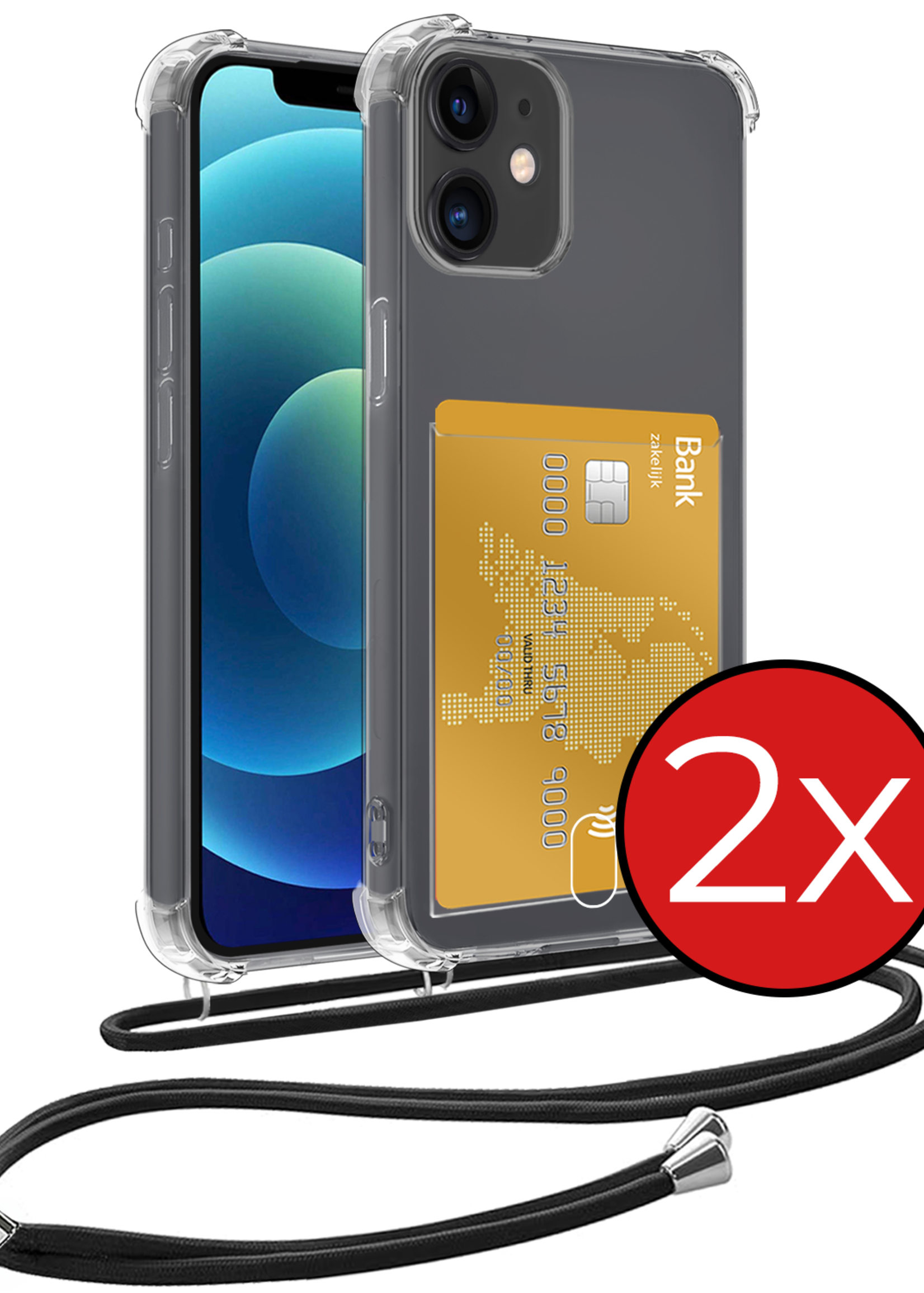 BTH Hoesje Geschikt voor iPhone 11 Hoesje Met Telefoonkoord en Pasjeshouder Siliconen - Hoes Geschikt voor iPhone 11 Hoesje Met Kaarthouder Shock Proof Case - Transparant - 2 PACK
