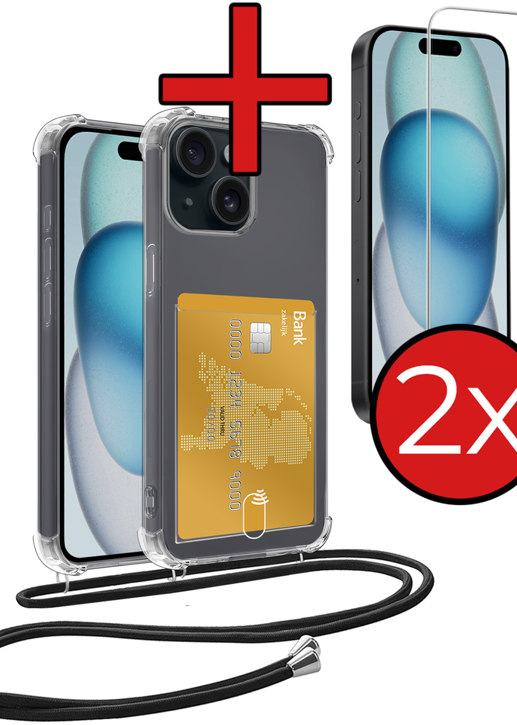 BTH Hoesje Geschikt voor iPhone 15 Hoesje Met Telefoonkoord en Pasjeshouder Met 2x Screenprotector Siliconen - Hoes Geschikt voor iPhone 15 Hoesje Met Kaarthouder Shock Proof Case - Transparant