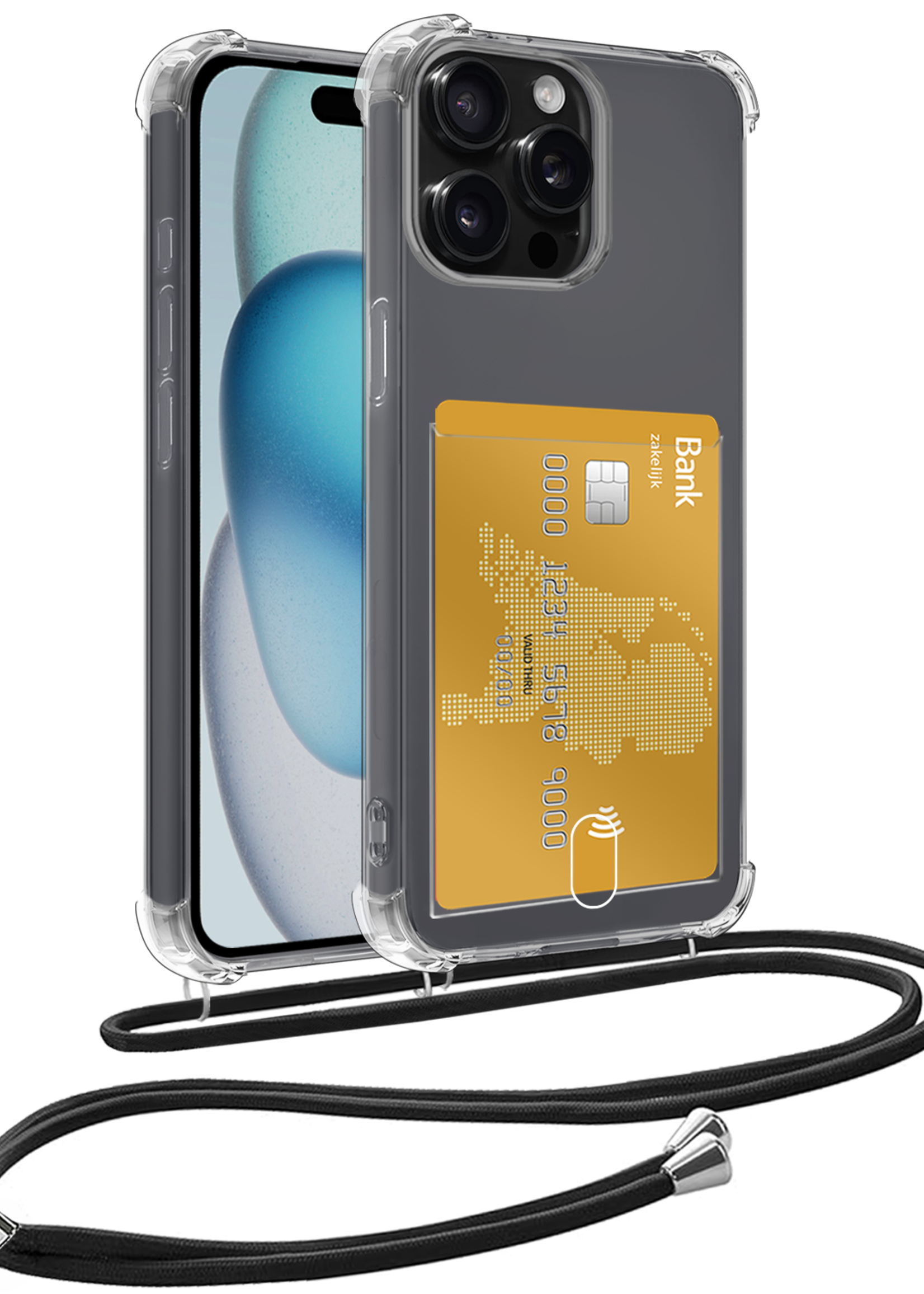 BTH Hoesje Geschikt voor iPhone 12 Pro Hoesje Met Telefoonkoord en Pasjeshouder Siliconen - Hoes Geschikt voor iPhone 12 Pro Hoesje Met Kaarthouder Shock Proof Case - Transparant