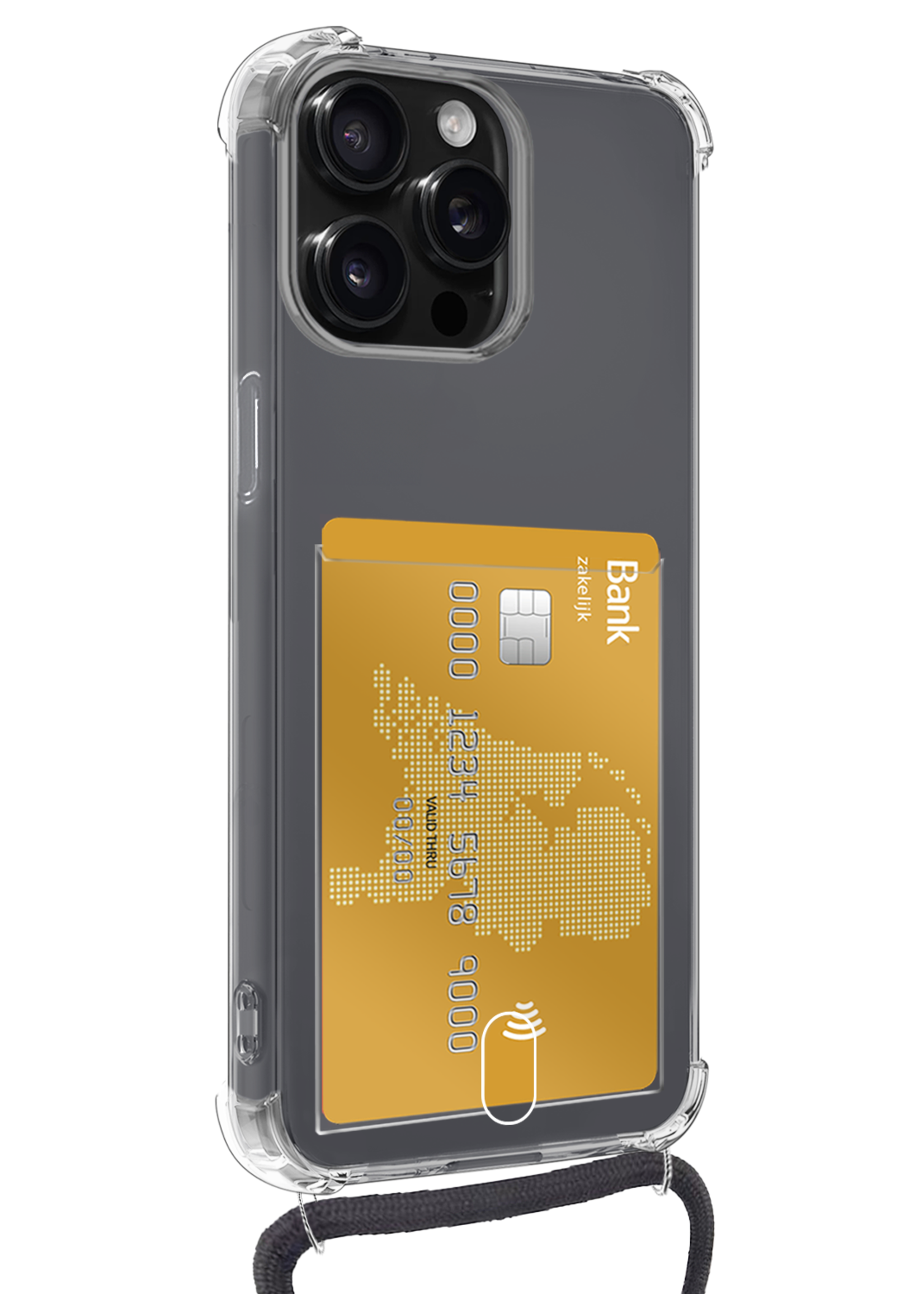 BTH Hoesje Geschikt voor iPhone 12 Pro Hoesje Met Telefoonkoord en Pasjeshouder Siliconen - Hoes Geschikt voor iPhone 12 Pro Hoesje Met Kaarthouder Shock Proof Case - Transparant